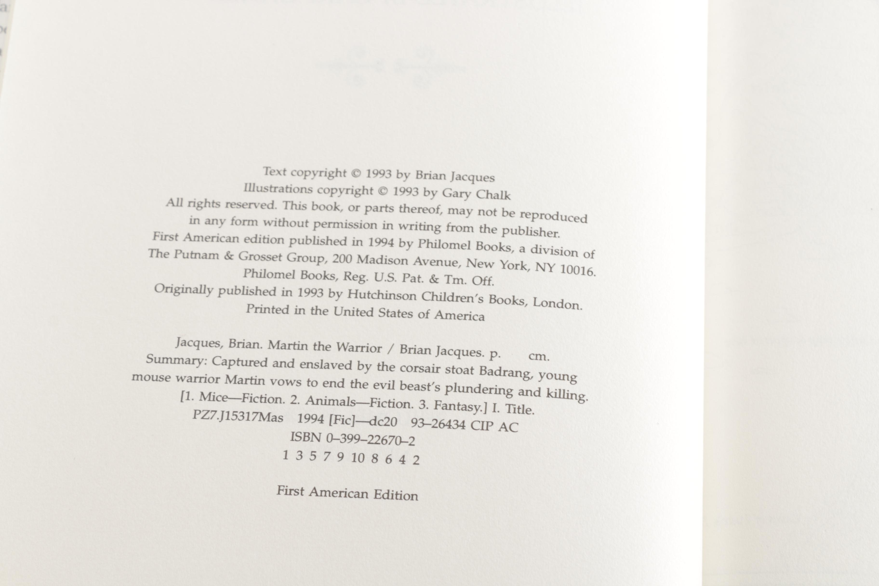 Five "Redwall" Series Books by Brian Jacques Including a Signed Copy