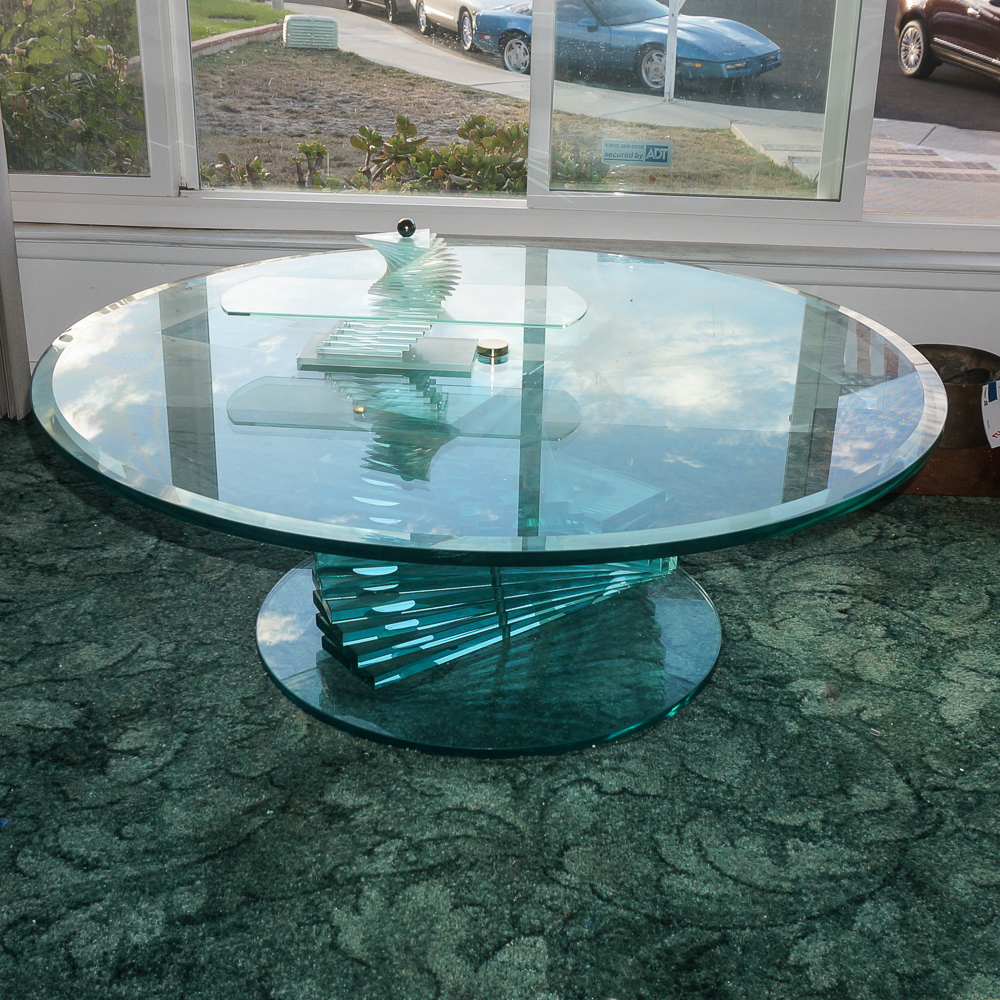 Glass Coffee Table with Spiral Stacked Base