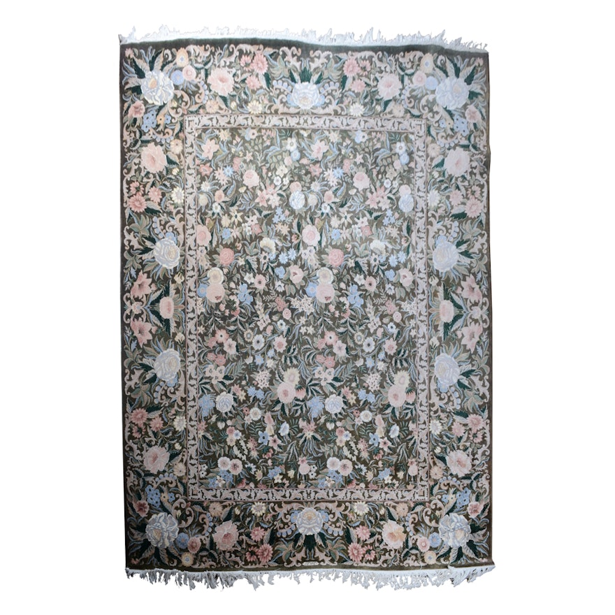 Finely Hand-Knotted Signed Persian Wool and Silk Blend Area Rug