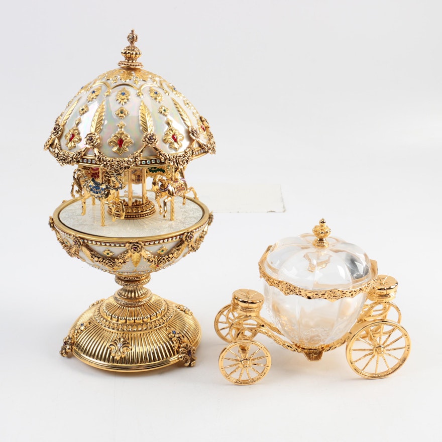 Franklin Mint Fabergé Imperial Carousel Egg and Pumpkin Carriage Jar