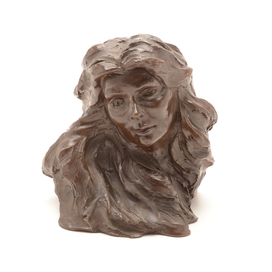 Vintage Signed Cast Bronze Female Profile Head Sculpture