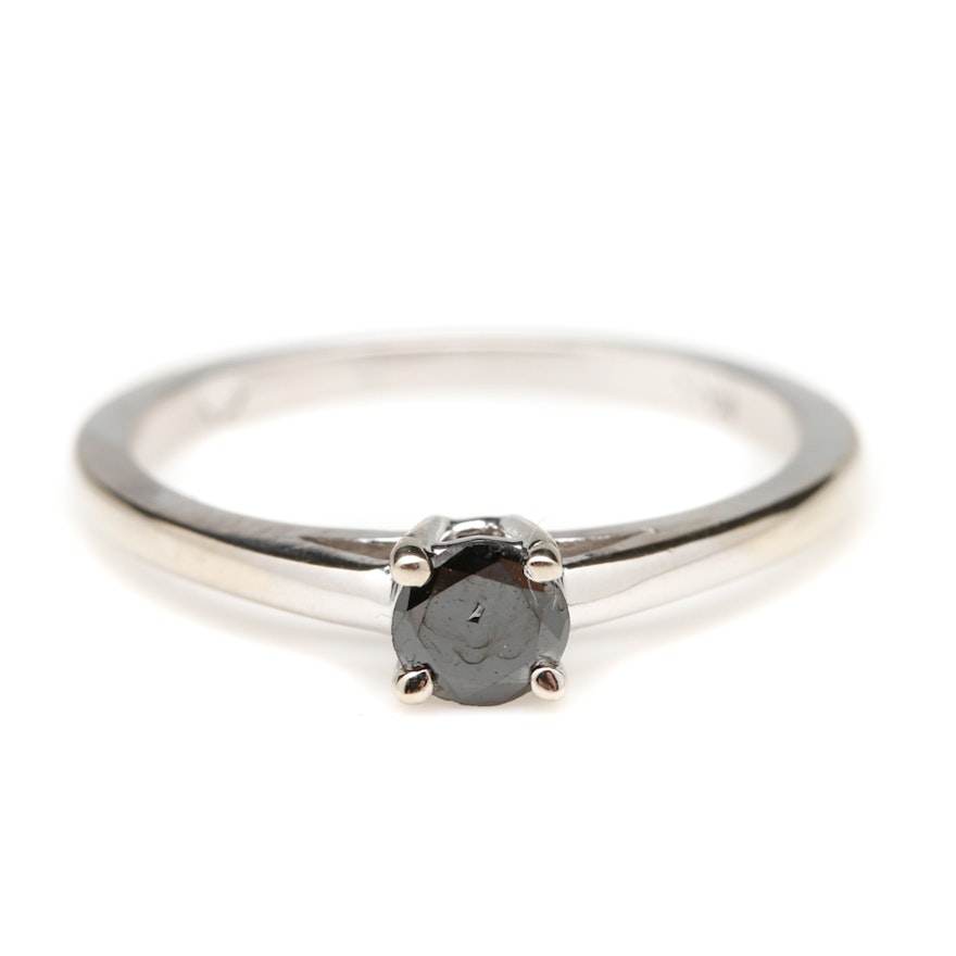 14K White Gold Black Diamond Solitaire Ring