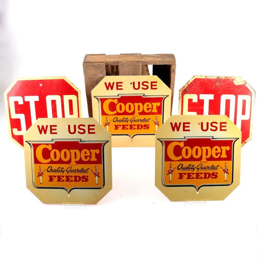 Metal "Cooper Feed" Signs and Wooden Storage Crate