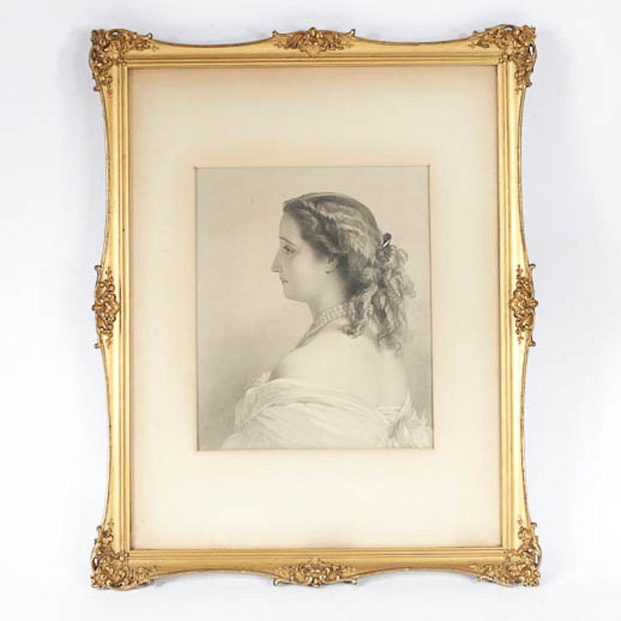 Antique Engraved Portrait of a Woman in an Ornate Gilded Frame