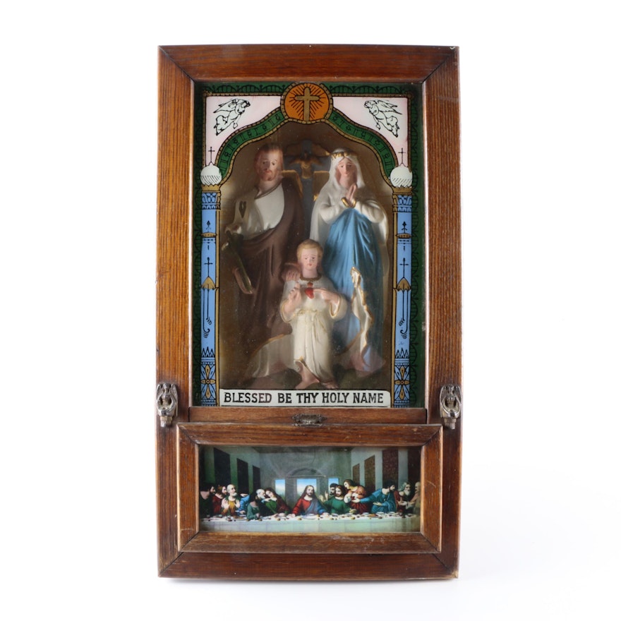 Vintage Catholic Last Rites Wall Hanging Shadow Box with Chalkware Holy Family