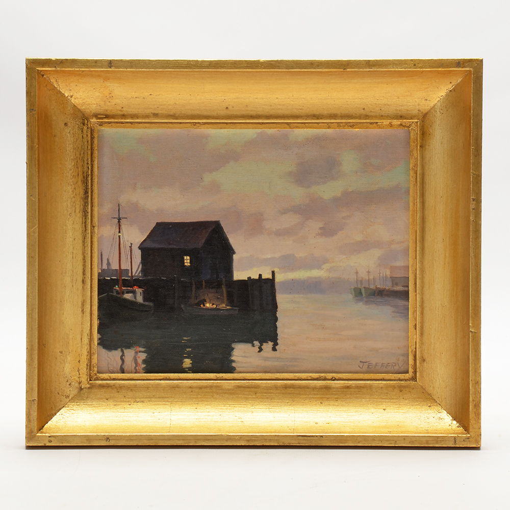 Jeffery Signed Oil Painting of Harbor at Sunset