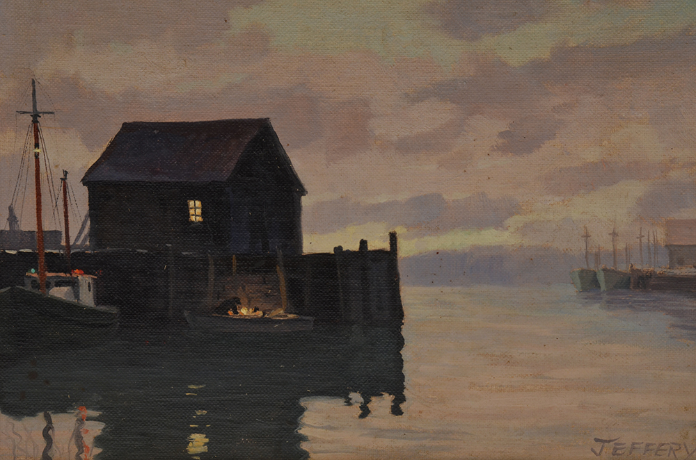 Jeffery Signed Oil Painting of Harbor at Sunset