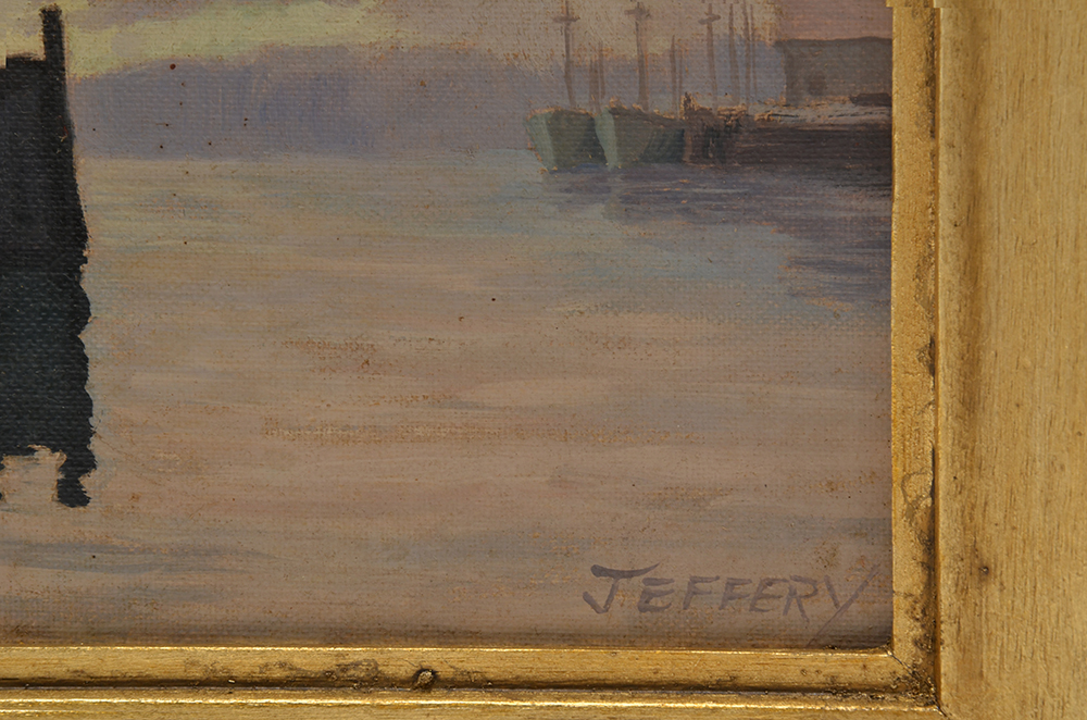 Jeffery Signed Oil Painting of Harbor at Sunset