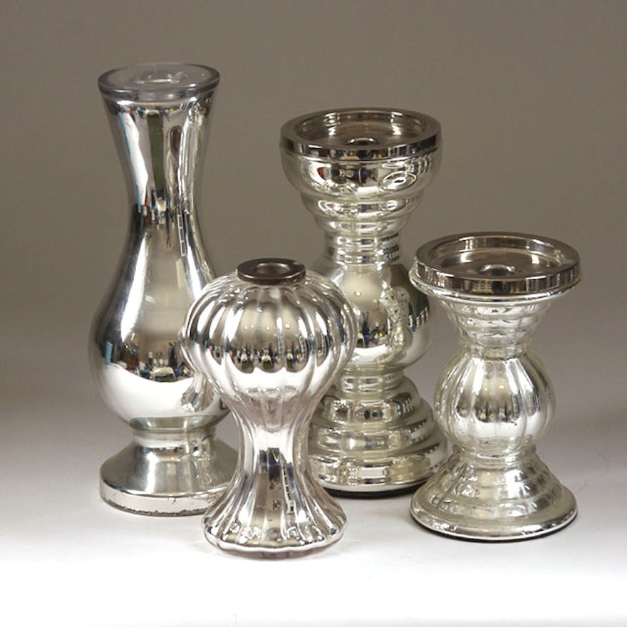 Assorted Silver Tone Glass Candlestick Holders