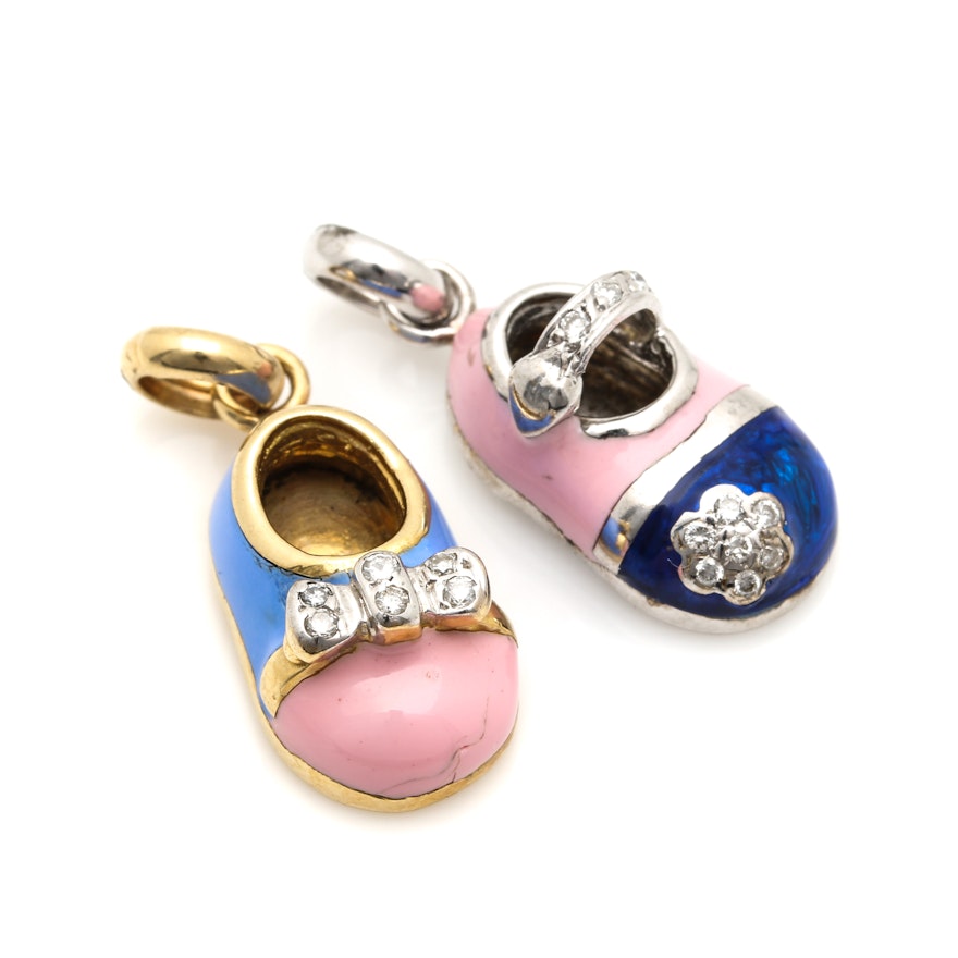 14K Yellow and White Gold Enamel and Diamond Shoe Charms