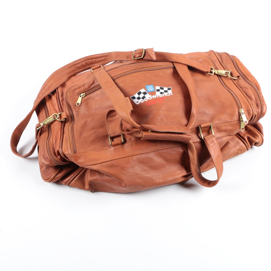 Vintage GM Goodwrench Racing Brown Leather Duffel Bag