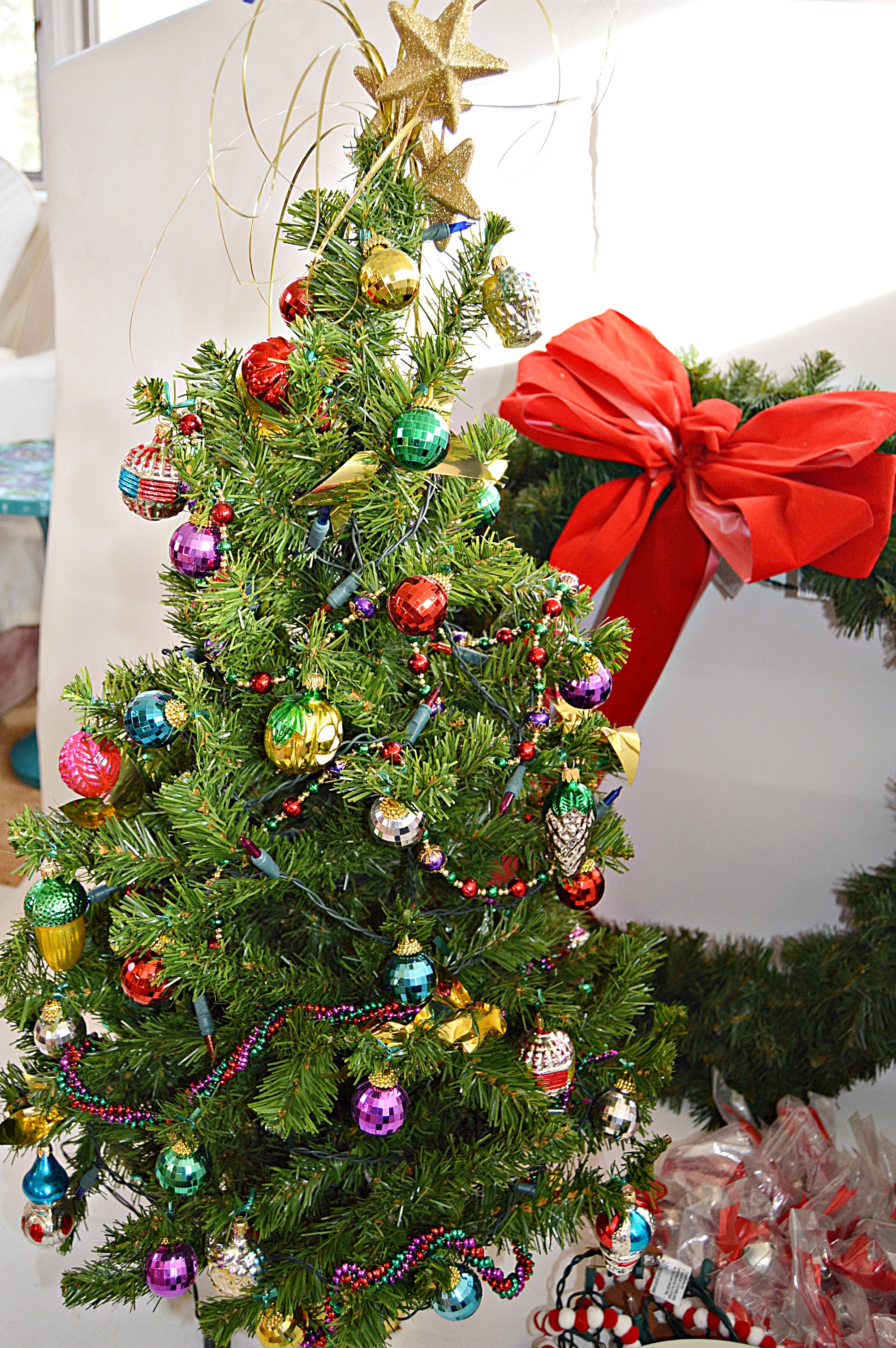 Christmas Wreath, Lighted Decorated Tree and Decor