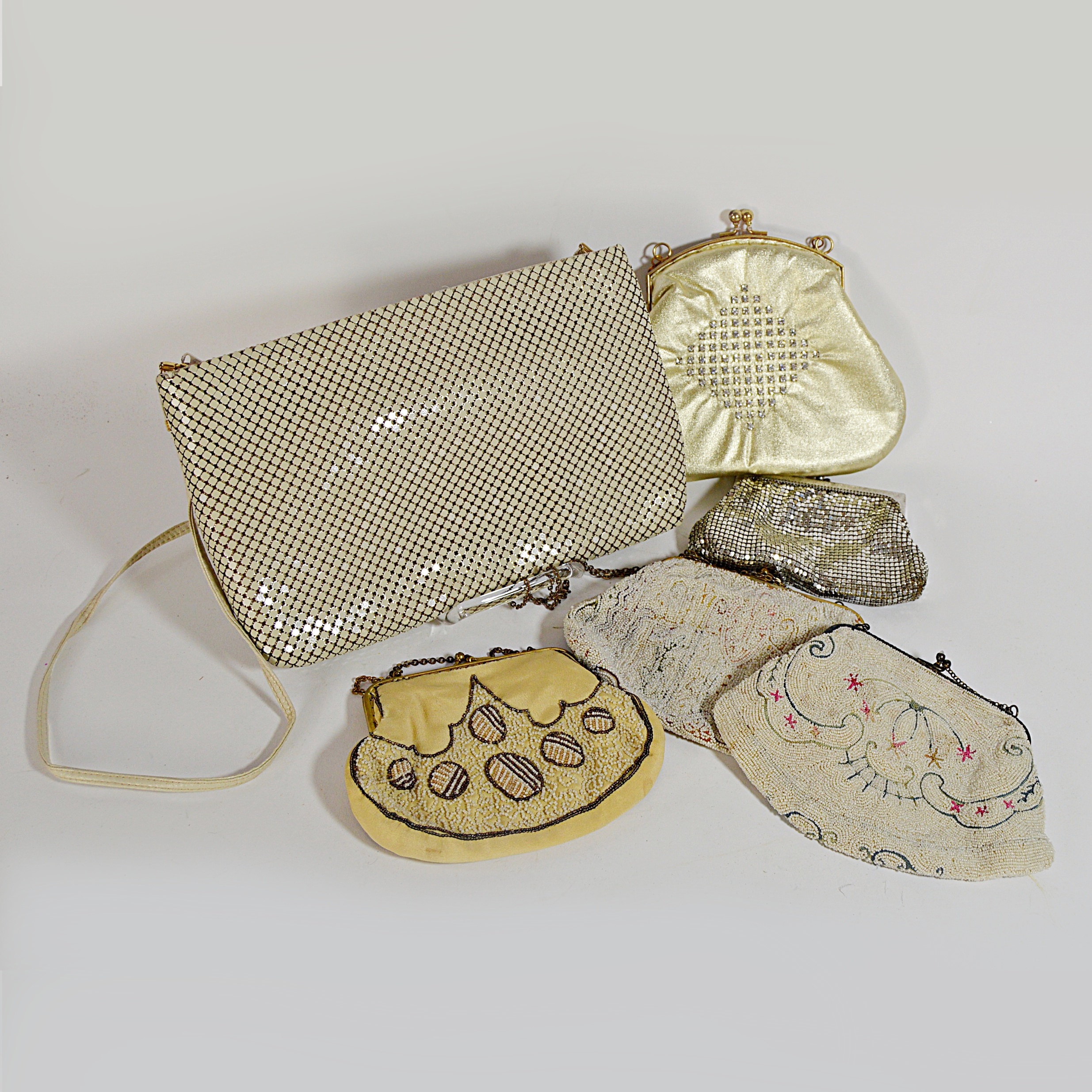 Vintage Cream and Silver Mesh and Beaded Bags with French, Art Deco