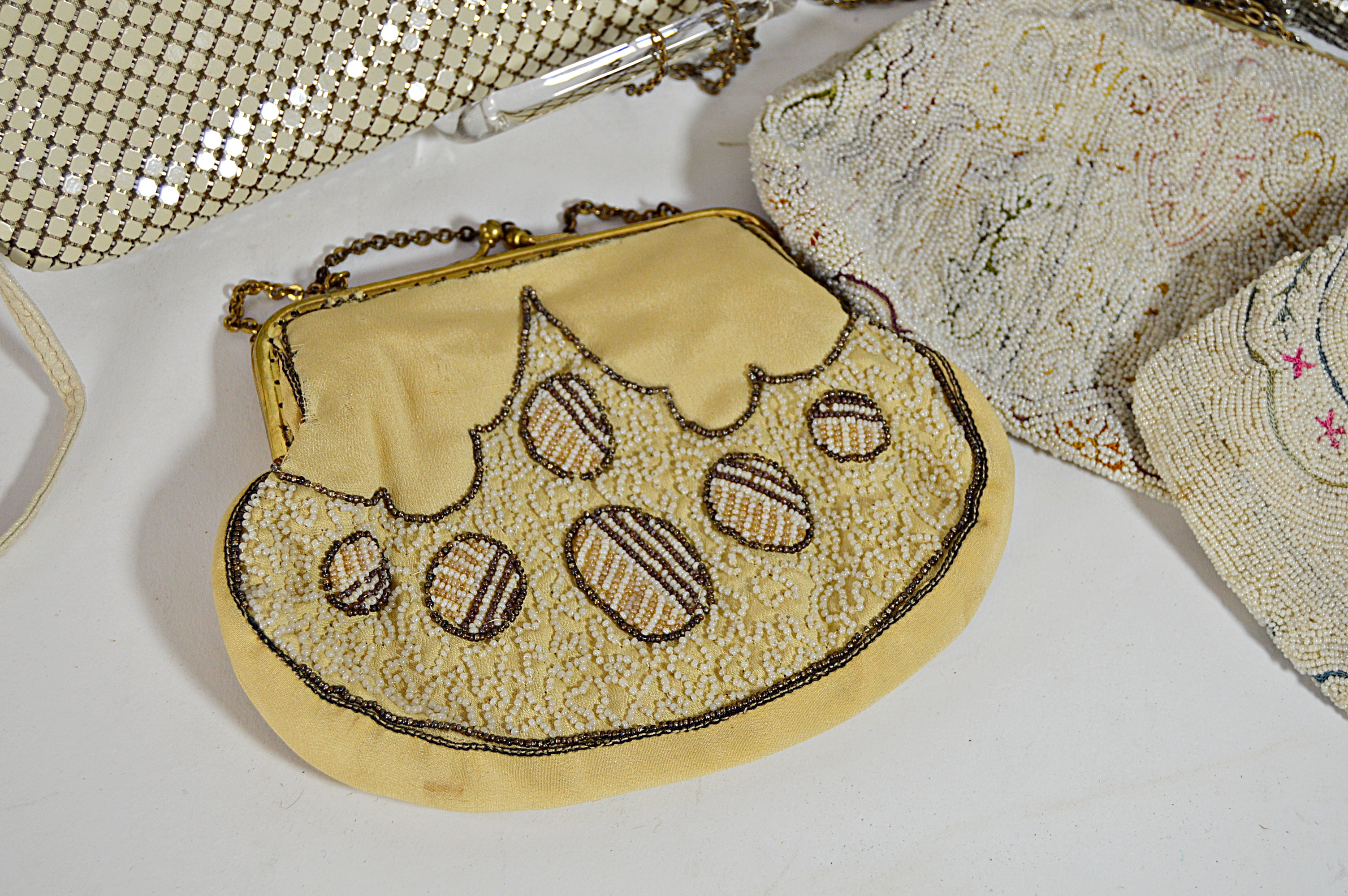 Vintage Cream and Silver Mesh and Beaded Bags with French, Art Deco