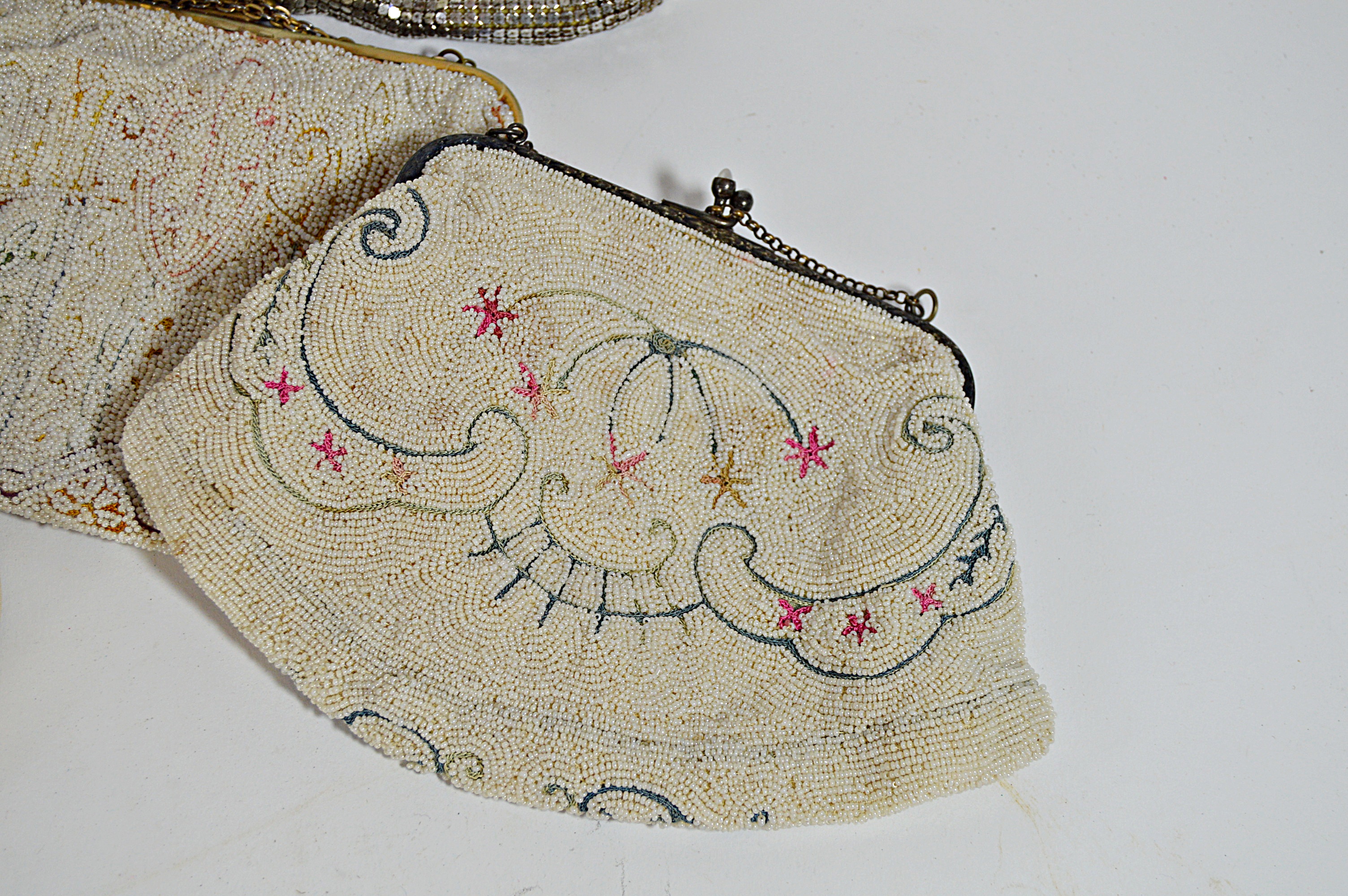 Vintage Cream and Silver Mesh and Beaded Bags with French, Art Deco