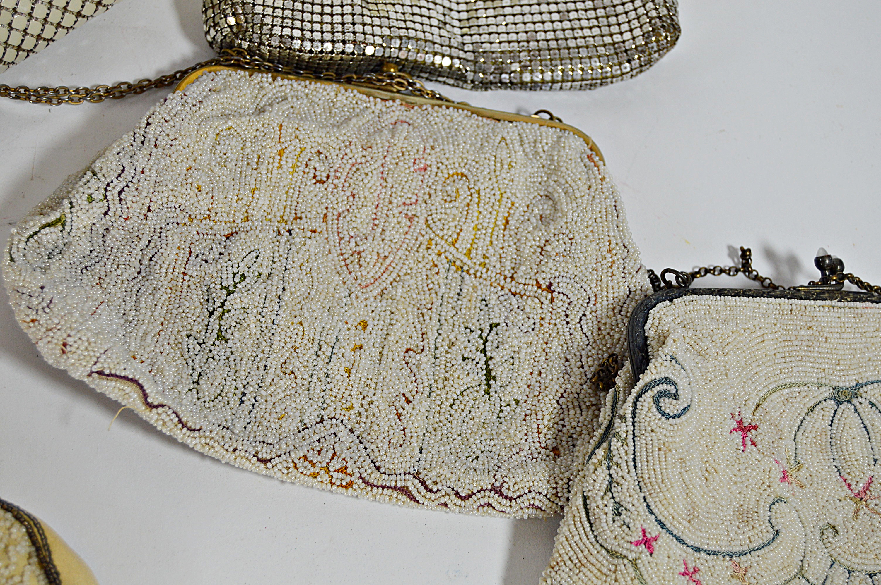 Vintage Cream and Silver Mesh and Beaded Bags with French, Art Deco