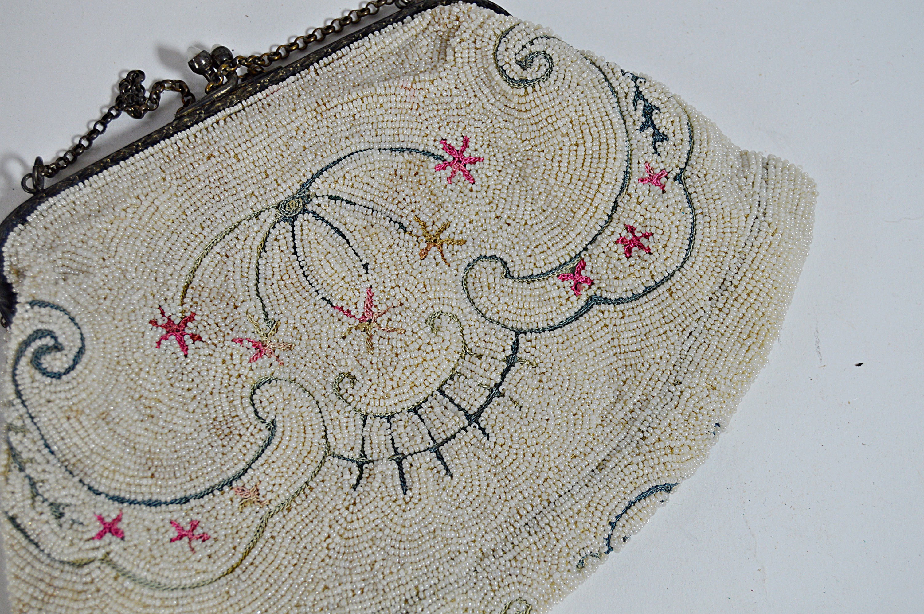 Vintage Cream and Silver Mesh and Beaded Bags with French, Art Deco