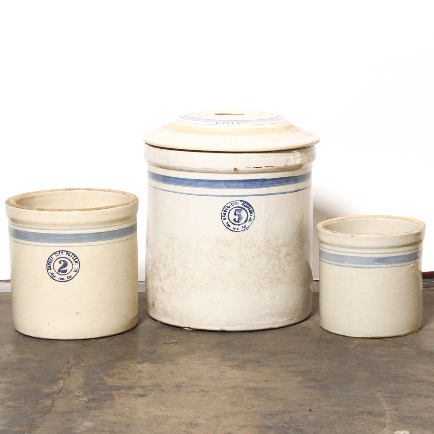 Collection of Three Vintage Garden City Pottery Company Stoneware Crocks