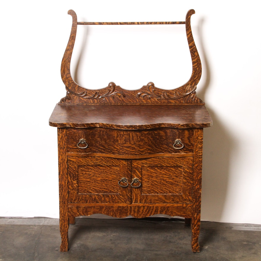 Vintage Victorian Style Faux Tiger Oak Wash Stand with Towel Bar
