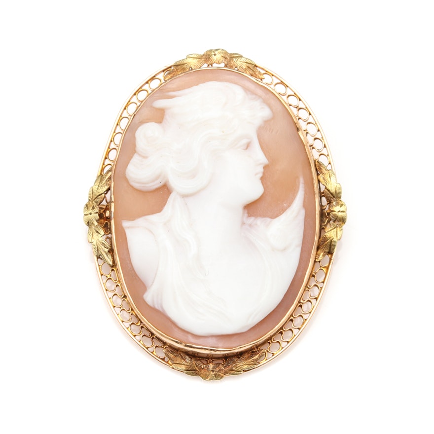 10K Yellow Gold Carved Shell Cameo Brooch