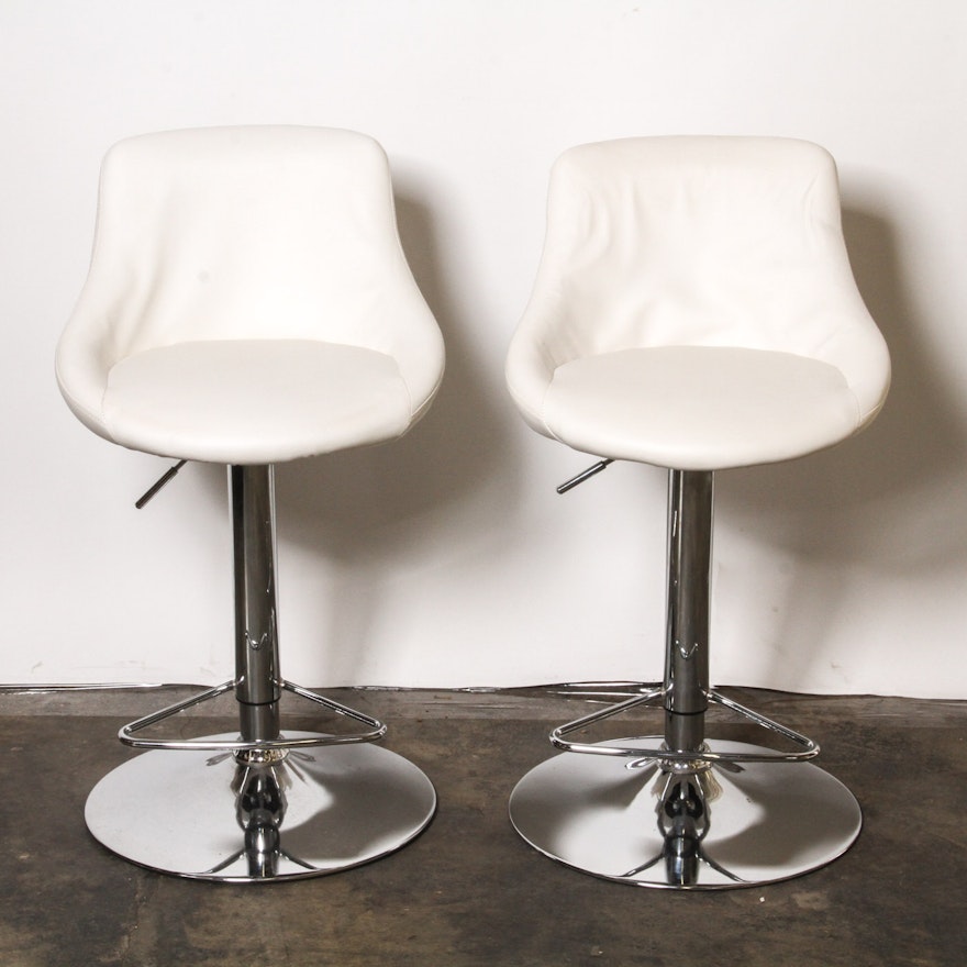 Pair of White Faux Leather Modern Style Swivel Barstools