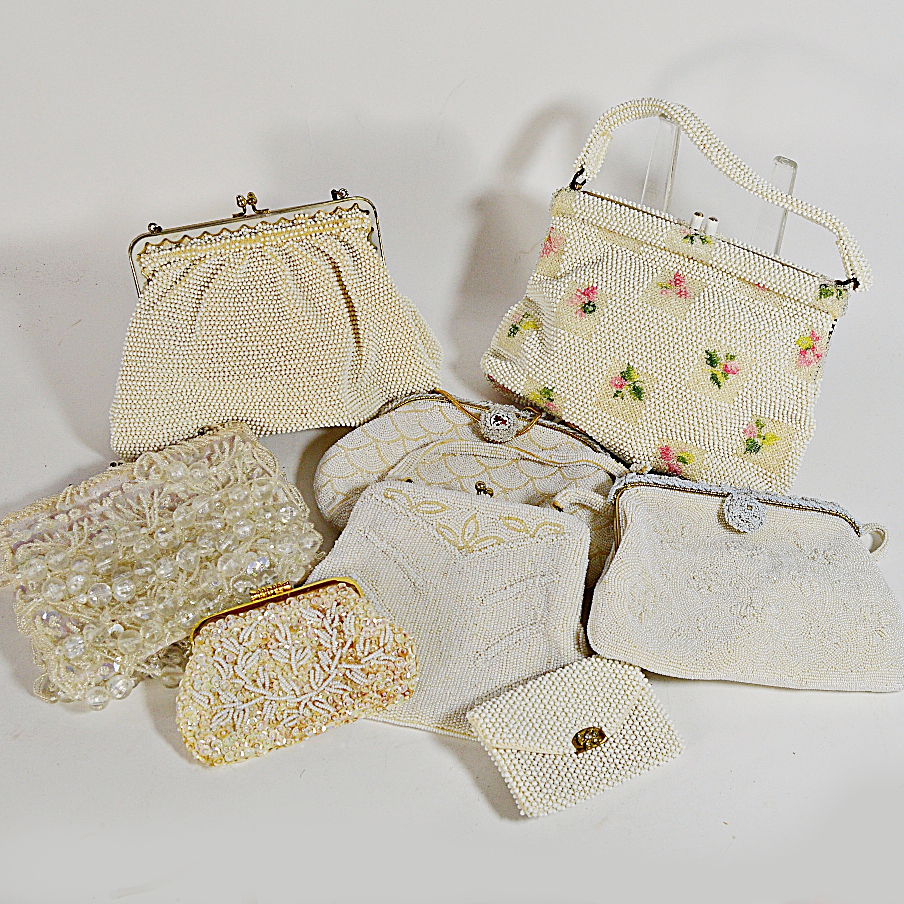 Vintage Cream and Off White Sequined and Beaded Bags with French, Art Deco