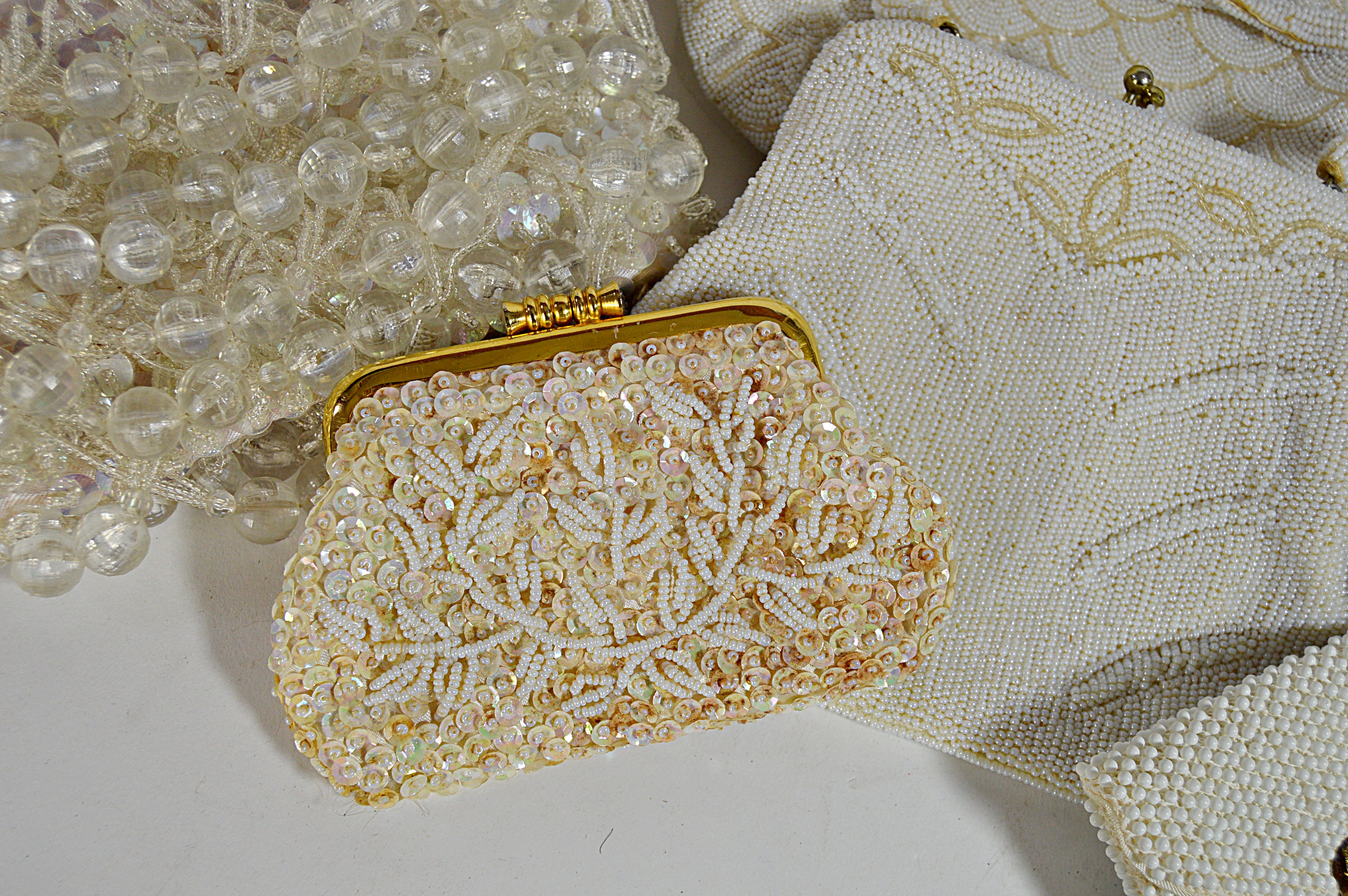 Vintage Cream and Off White Sequined and Beaded Bags with French, Art Deco