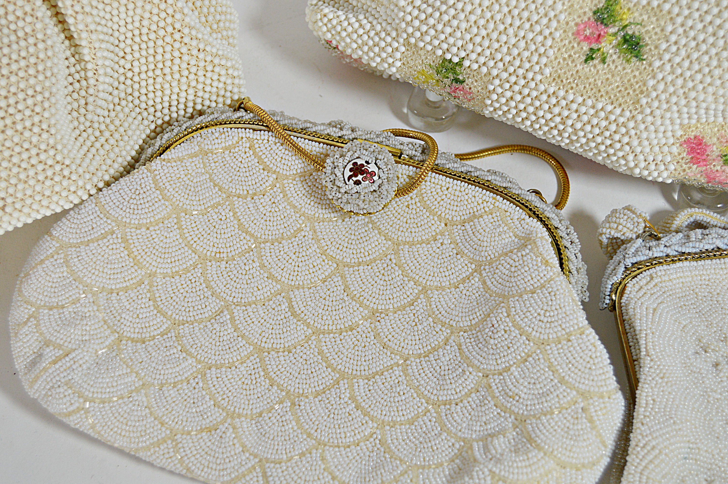 Vintage Cream and Off White Sequined and Beaded Bags with French, Art Deco
