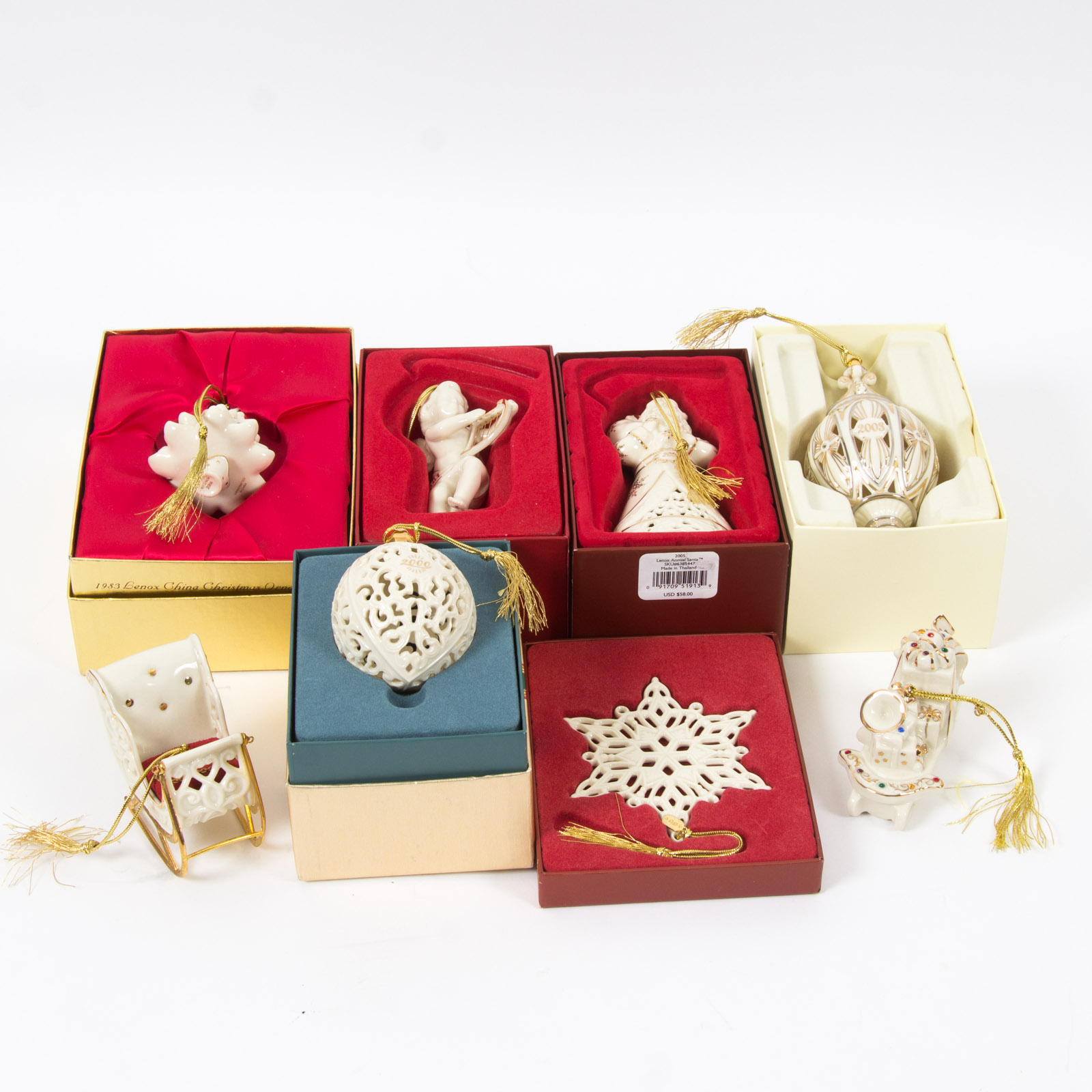 Eight Early 2000s Lenox Christmas Ornaments