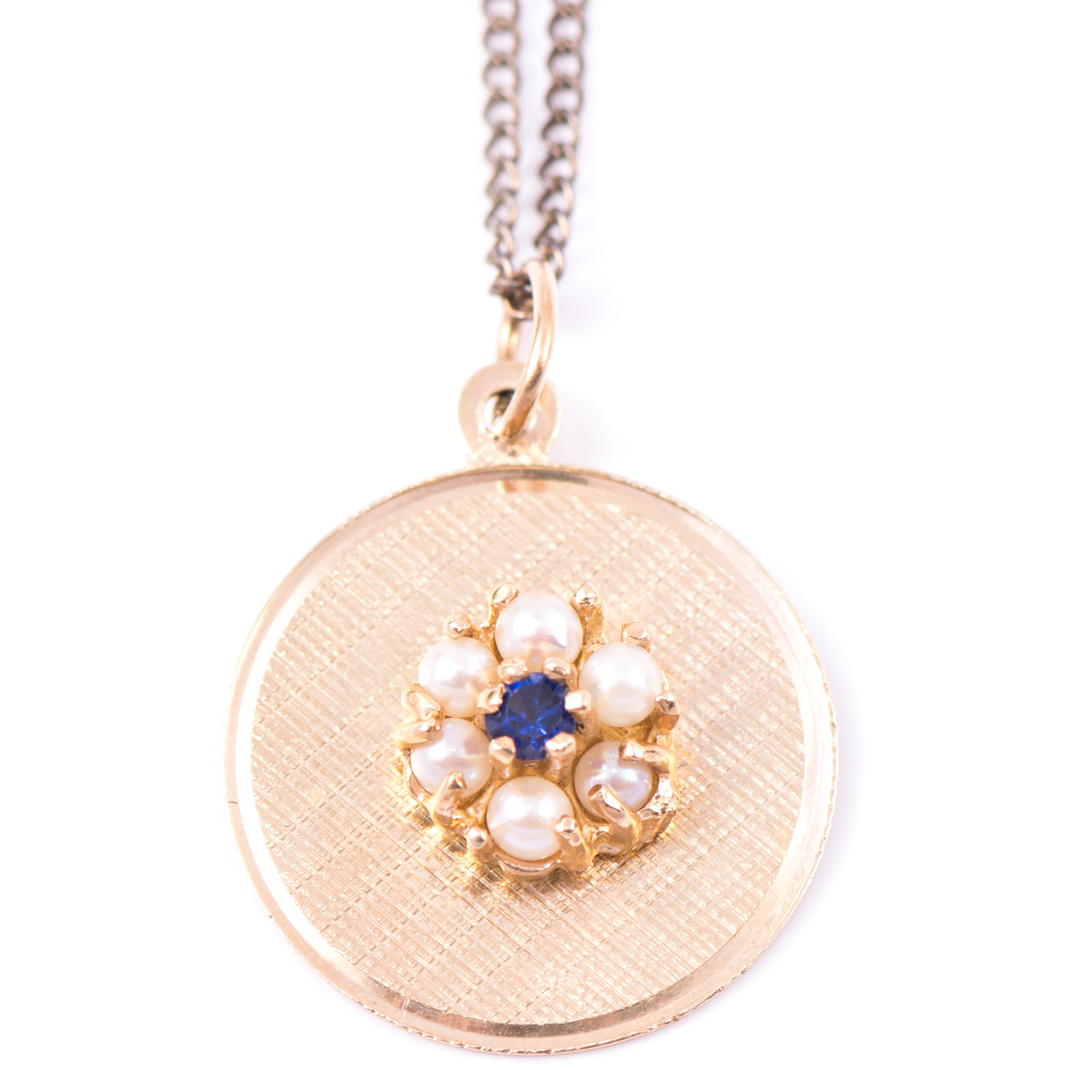 14K Yellow Gold Pearl and Sapphire Disc Pendant Necklace
