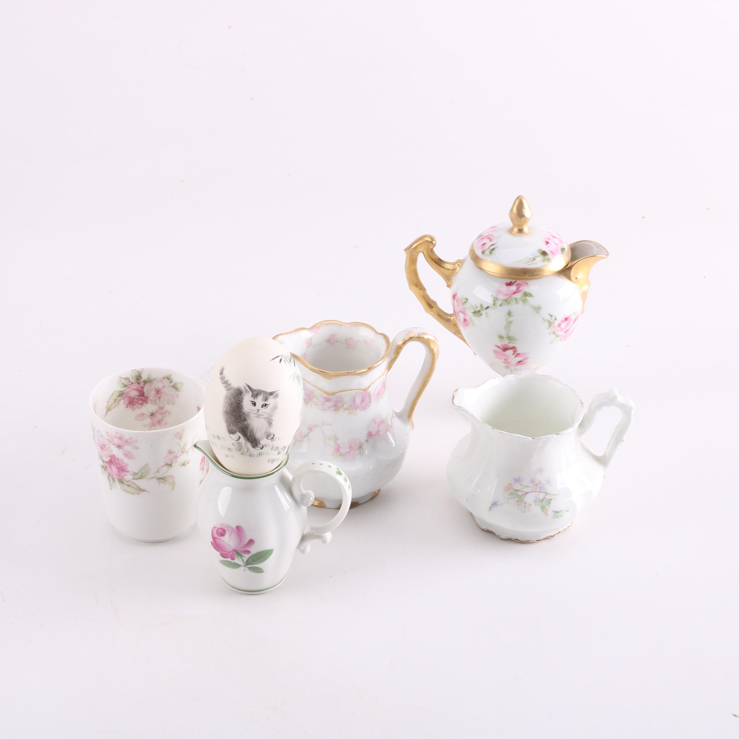 Vintage and Antique Porcelain Creamers, Cup and Painted Egg