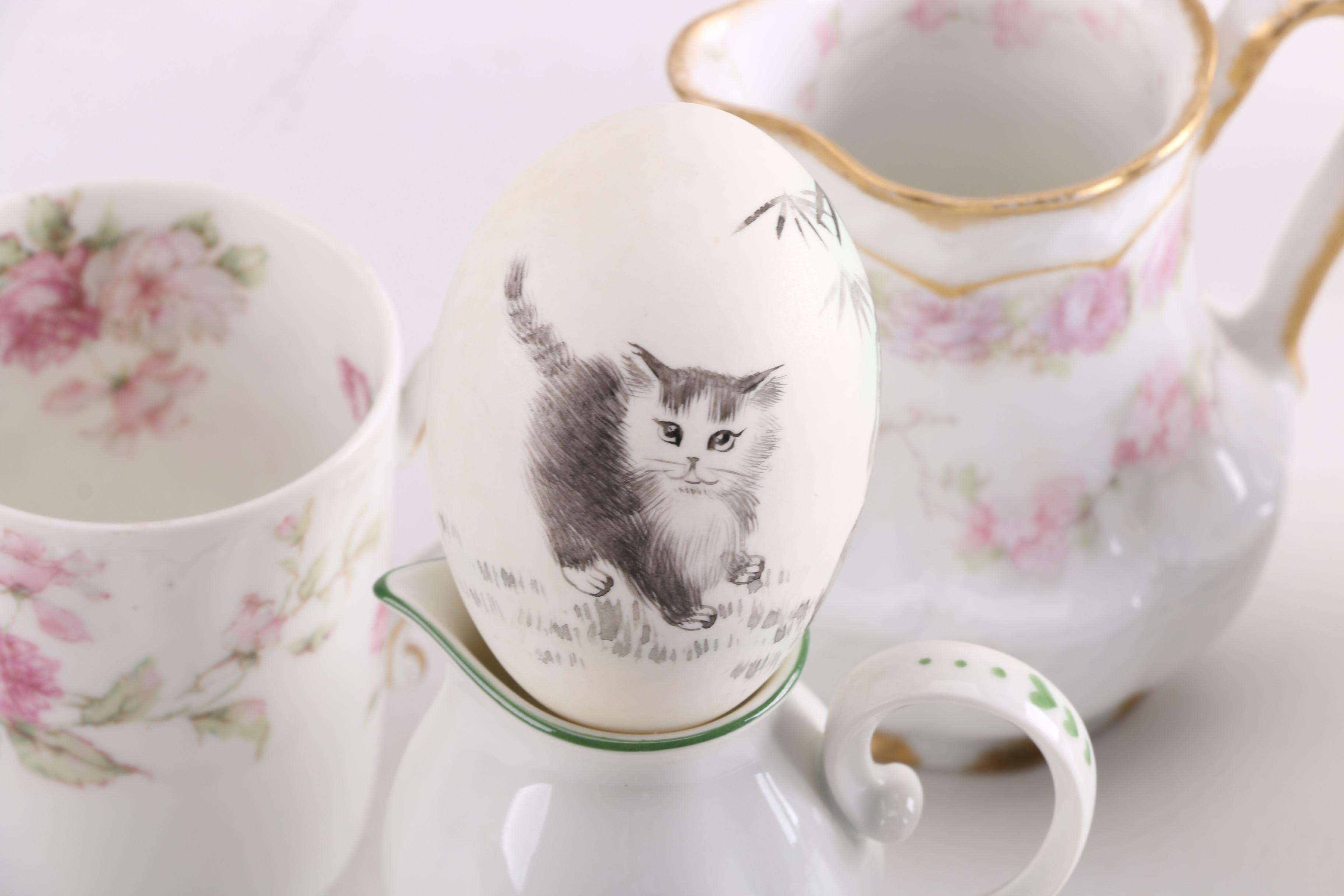 Vintage and Antique Porcelain Creamers, Cup and Painted Egg
