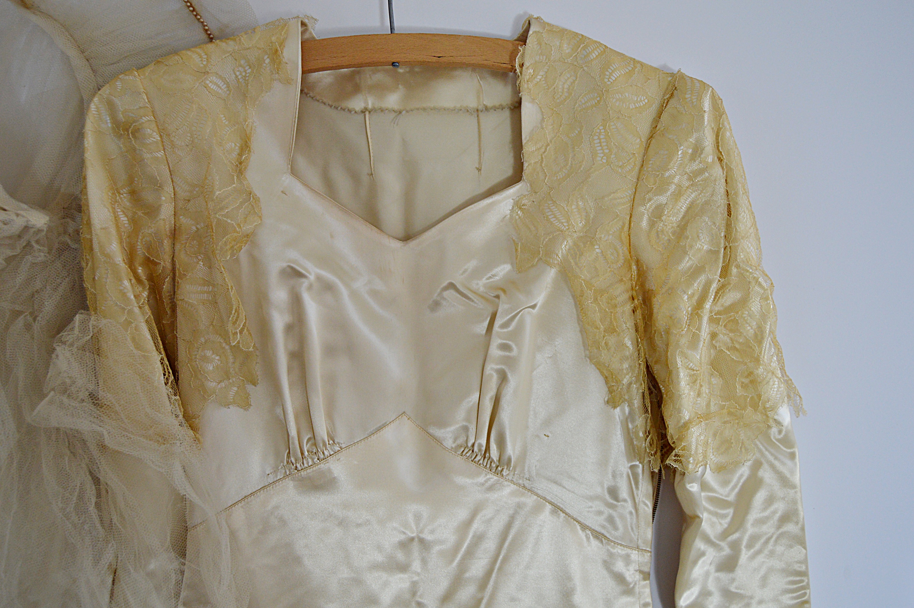 1940s Cream Satin Wedding Dress with Veil