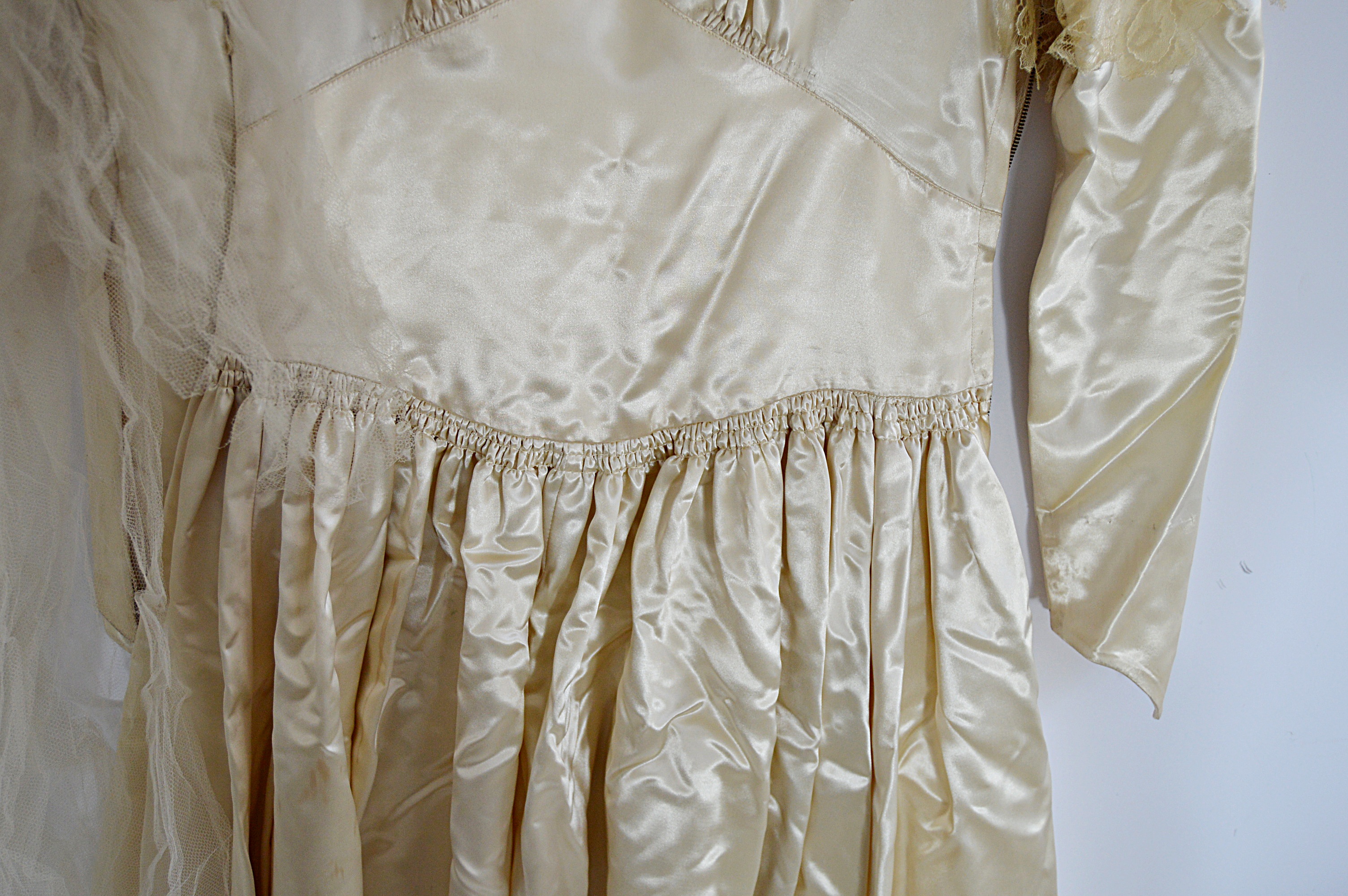 1940s Cream Satin Wedding Dress with Veil