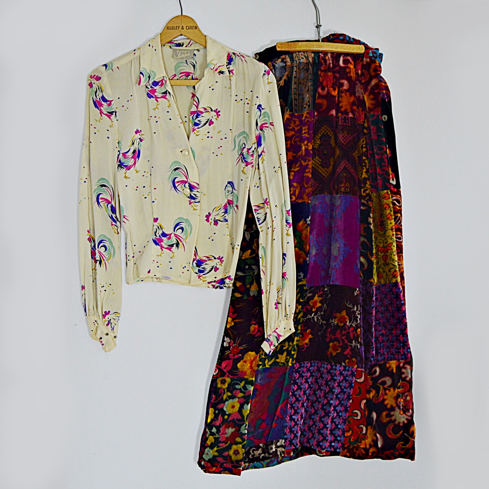 Vintage Dorian Rooster Blouse and Mod Velvet Maxi Skirt