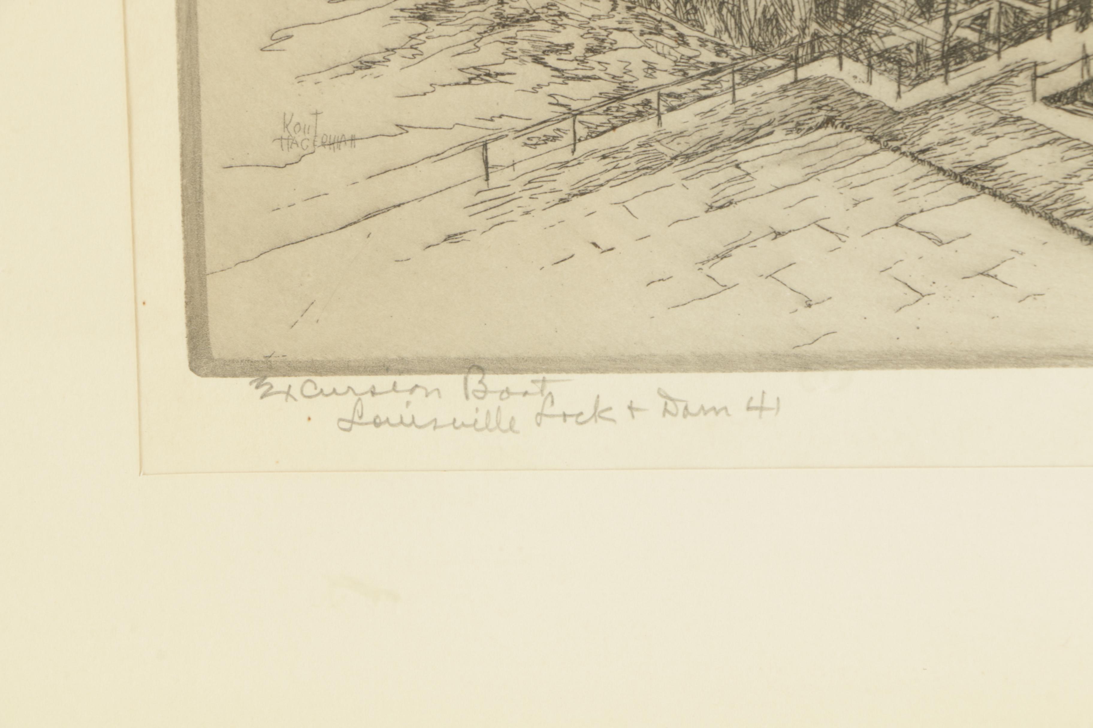 Kent Hagerman Etchings "Louisville Lock and Dam 41" and "Kentucky River"