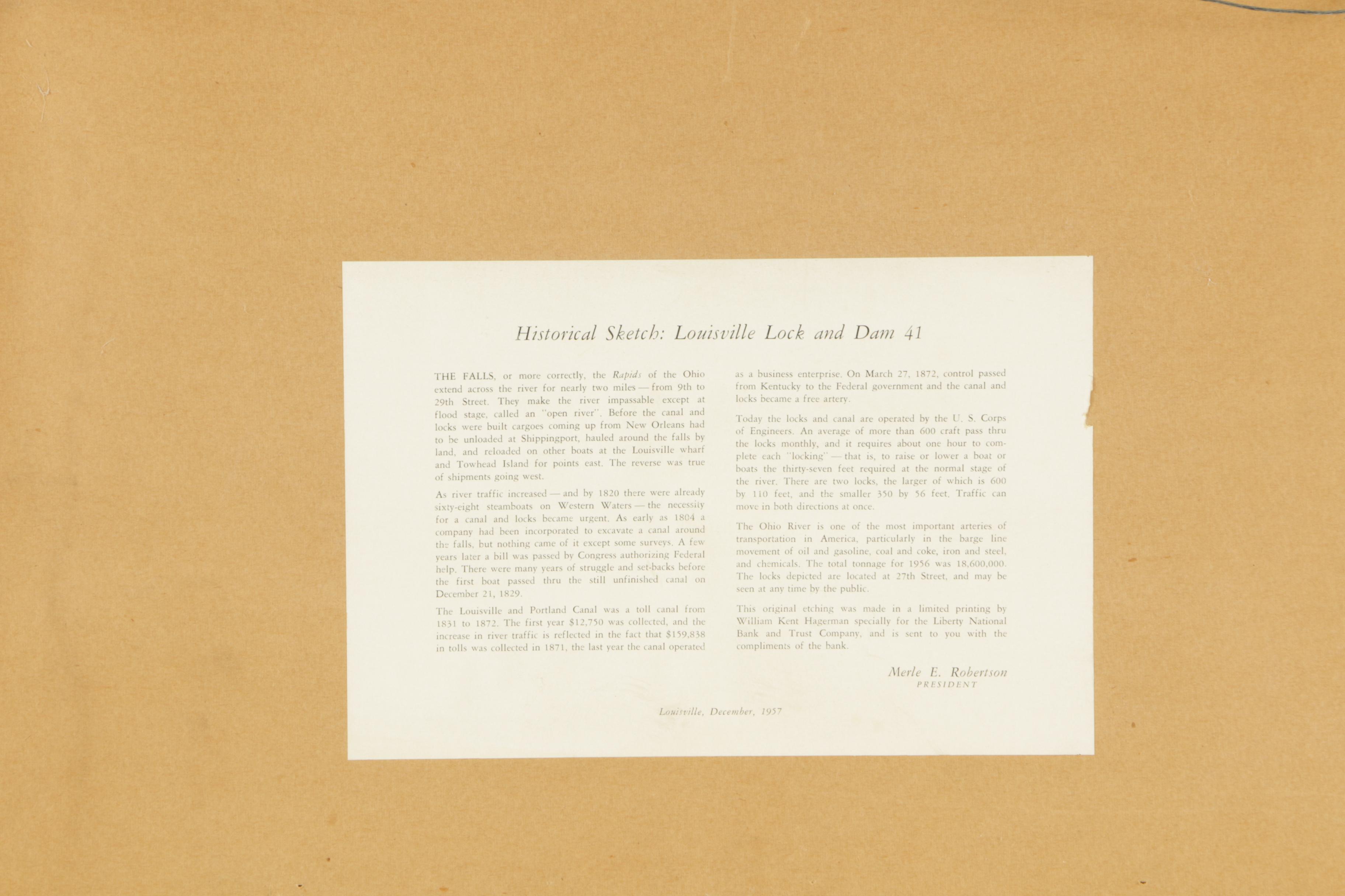 Kent Hagerman Etchings "Louisville Lock and Dam 41" and "Kentucky River"