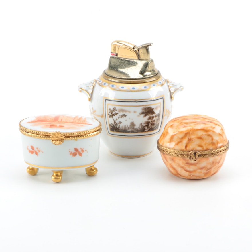 Limoges Trinket Boxes and Richard Ginori Porcelain Refillable Lighter