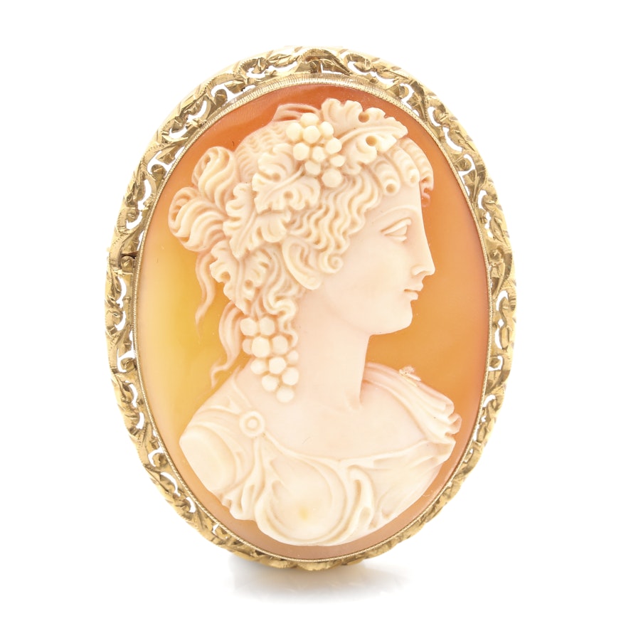 18K Yellow Gold Carved Shell Converter Cameo Brooch