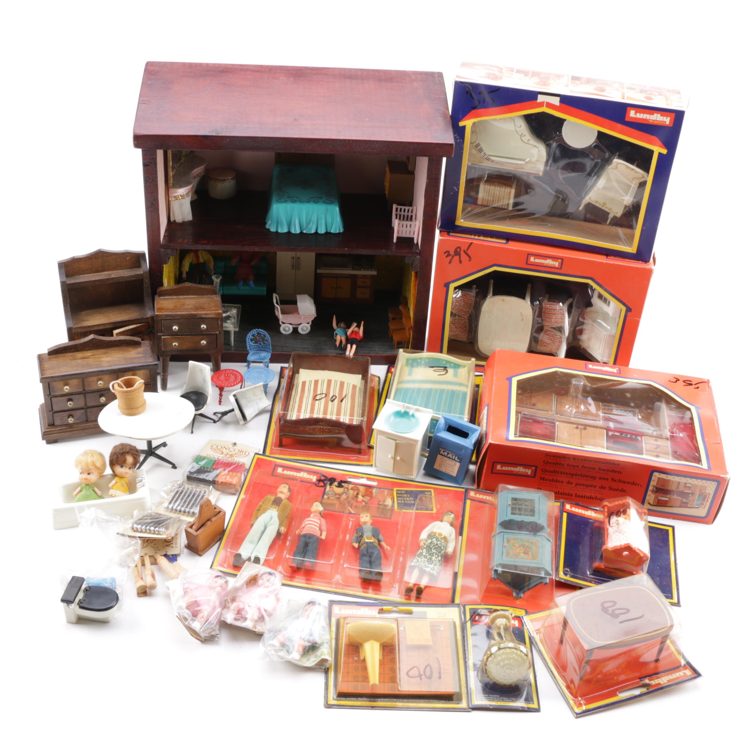 Wooden Dollhouse with Dolls and Accessories Including Lundby