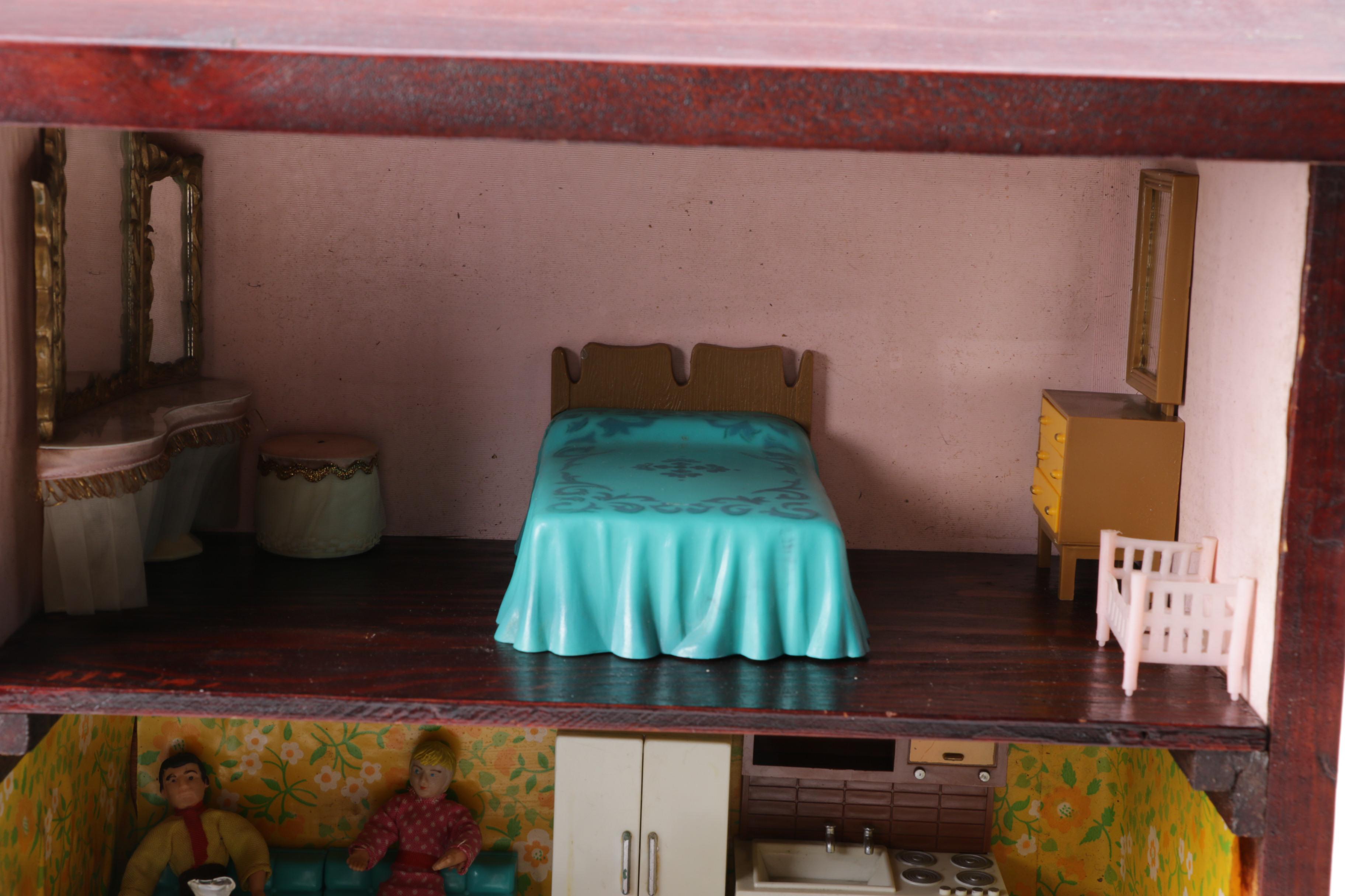 Wooden Dollhouse with Dolls and Accessories Including Lundby