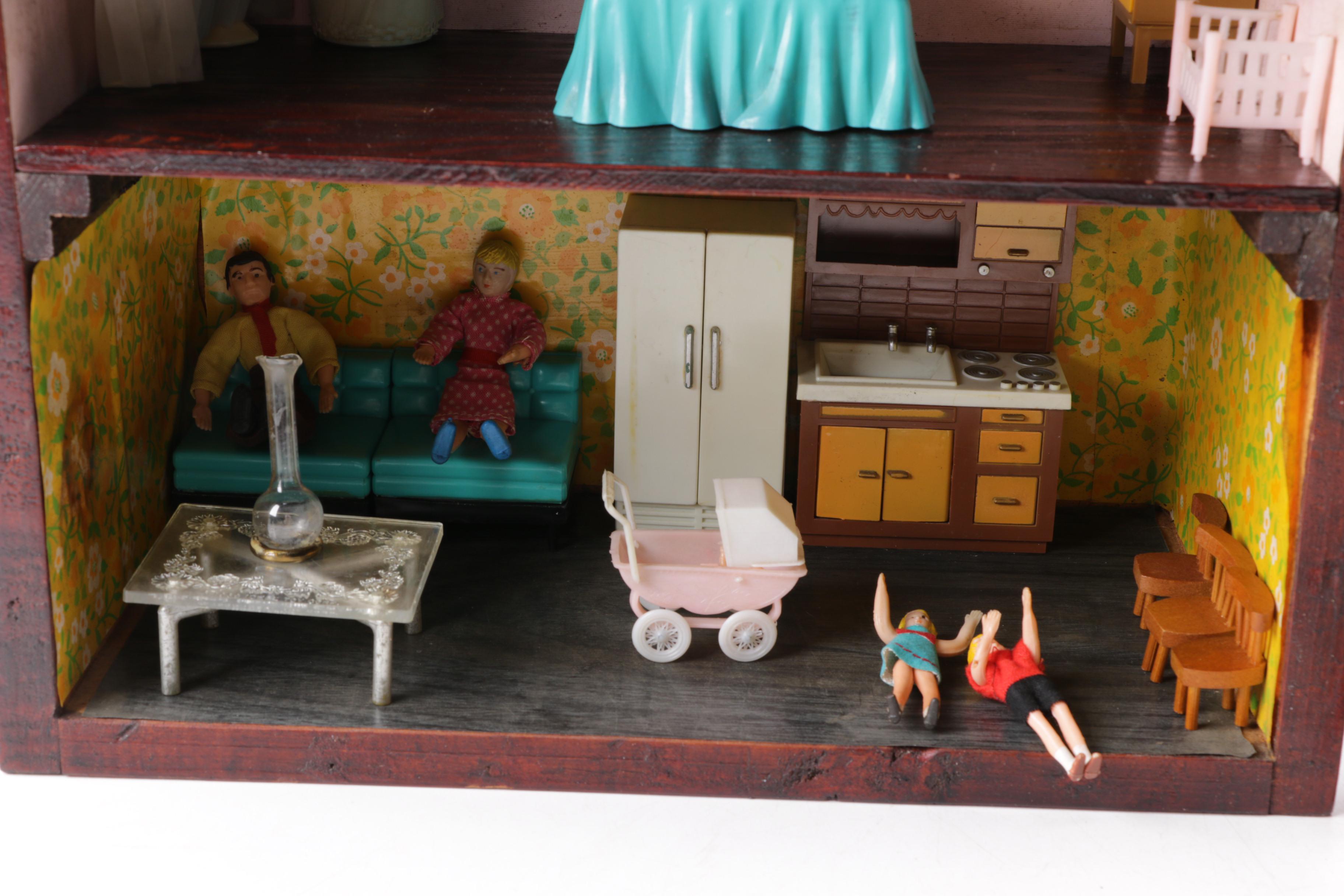 Wooden Dollhouse with Dolls and Accessories Including Lundby