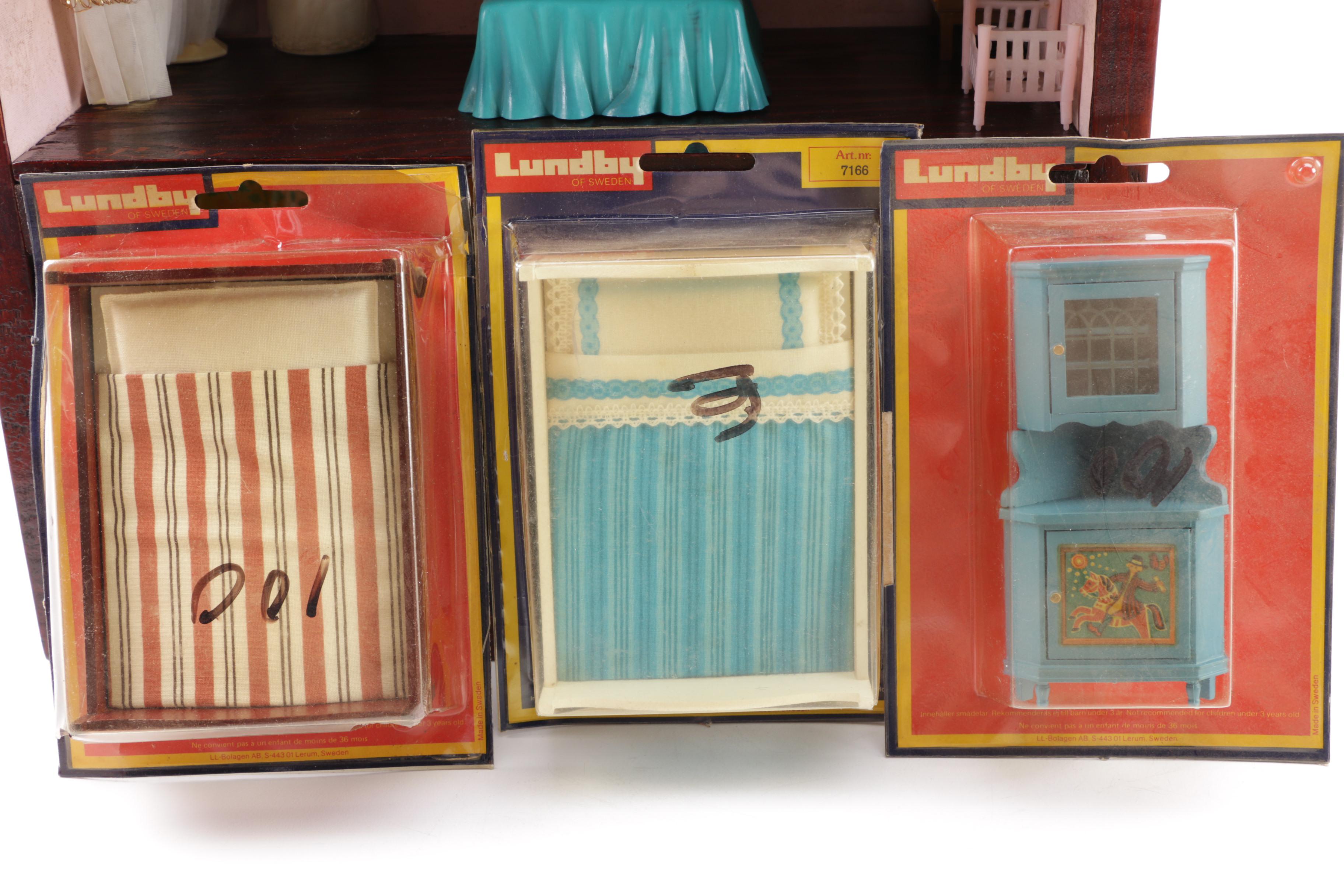 Wooden Dollhouse with Dolls and Accessories Including Lundby