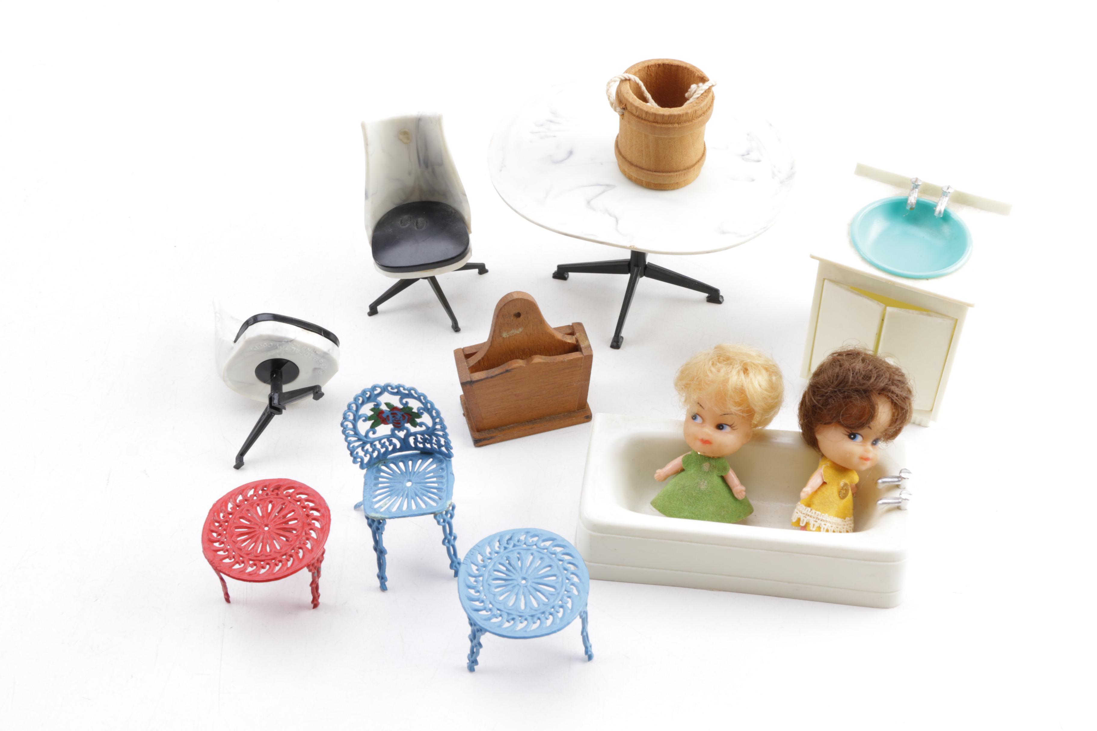 Wooden Dollhouse with Dolls and Accessories Including Lundby