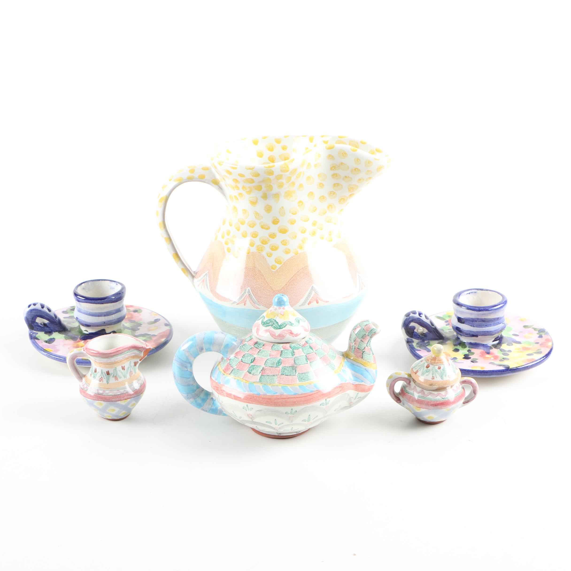 MacKenzie-Childs Ceramic Pitcher, Tea Set, and Portuguese Candle Holders