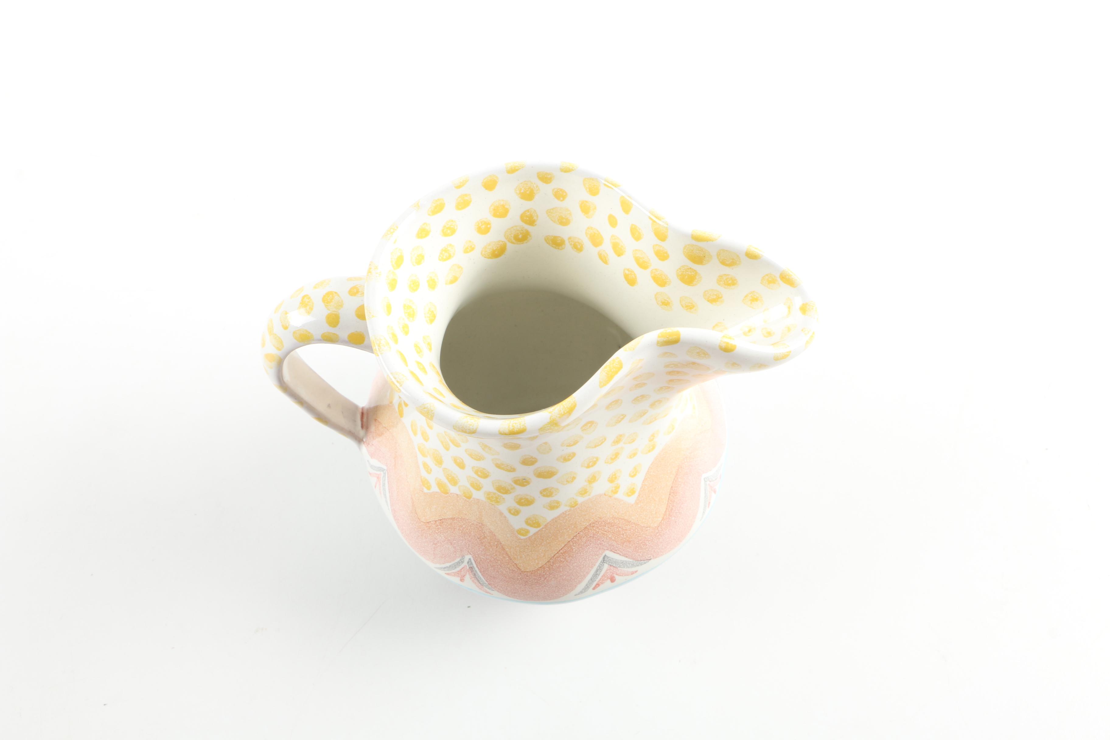 MacKenzie-Childs Ceramic Pitcher, Tea Set, and Portuguese Candle Holders