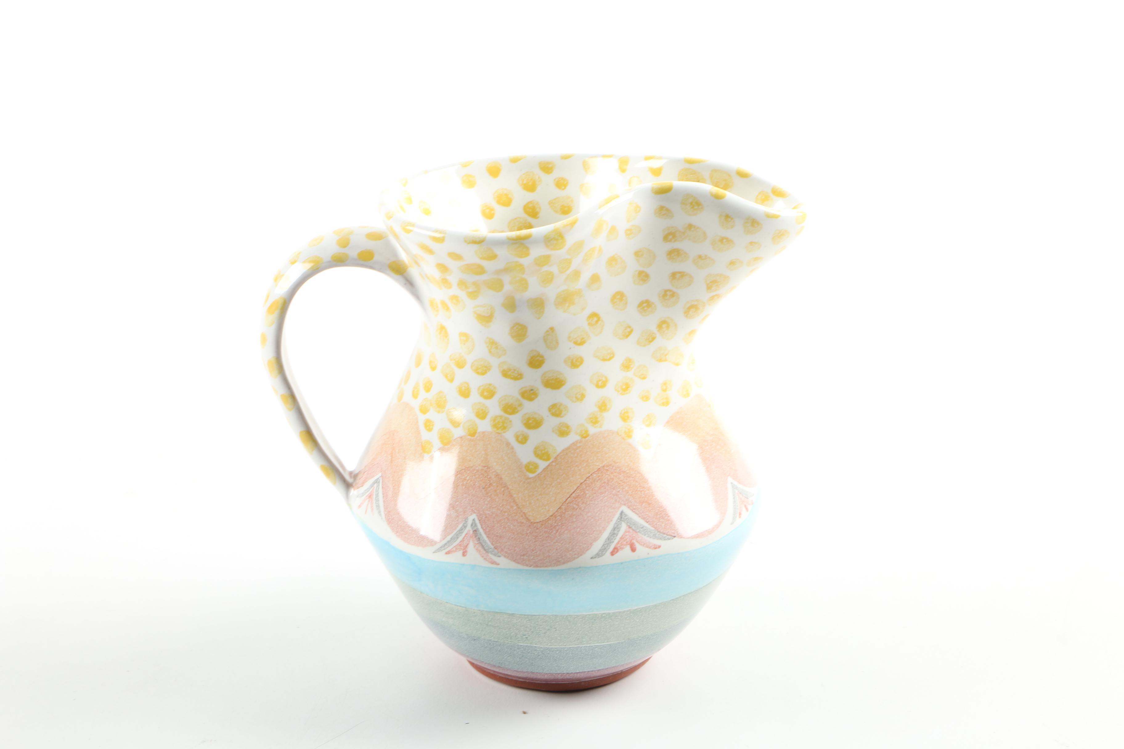 MacKenzie-Childs Ceramic Pitcher, Tea Set, and Portuguese Candle Holders