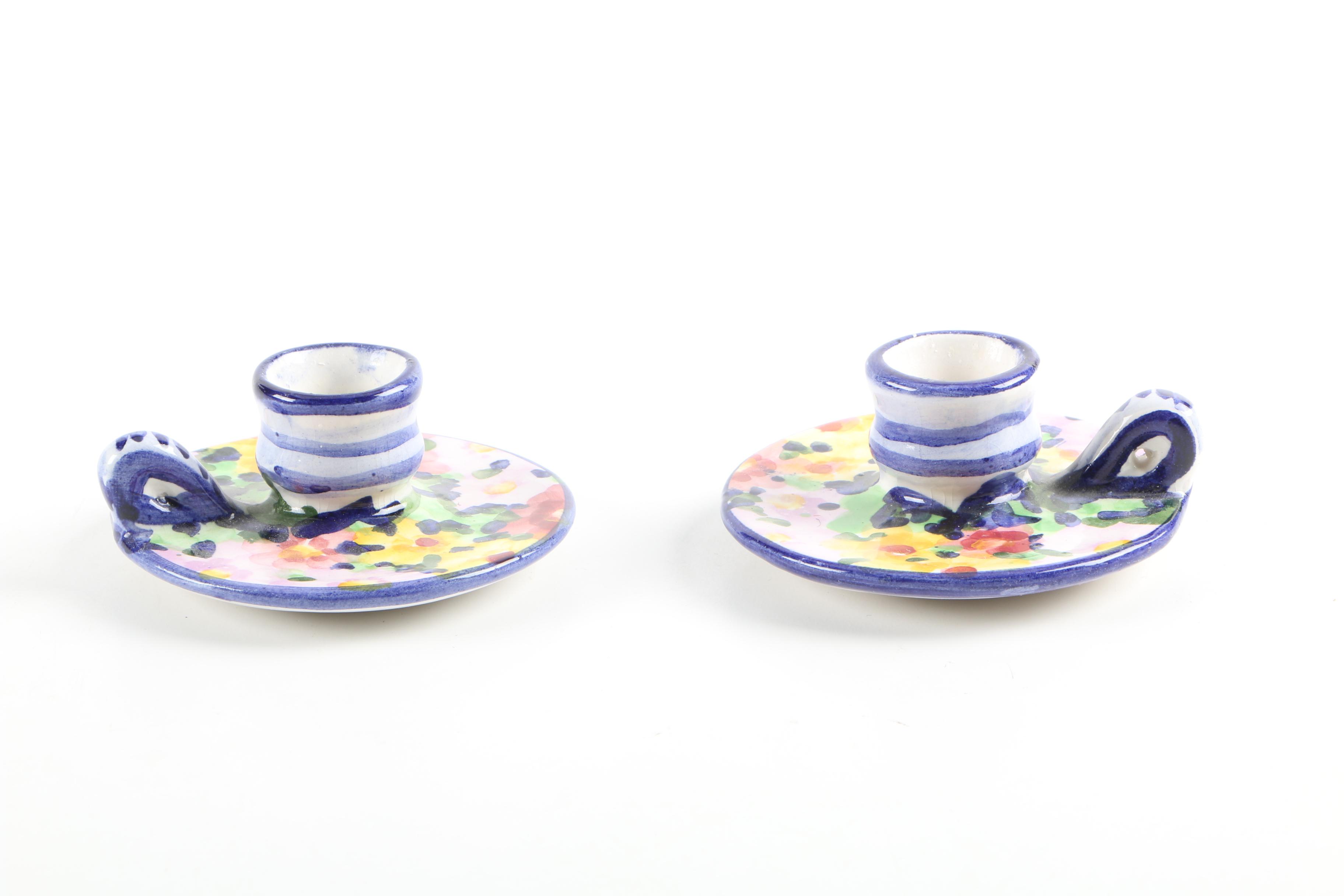 MacKenzie-Childs Ceramic Pitcher, Tea Set, and Portuguese Candle Holders