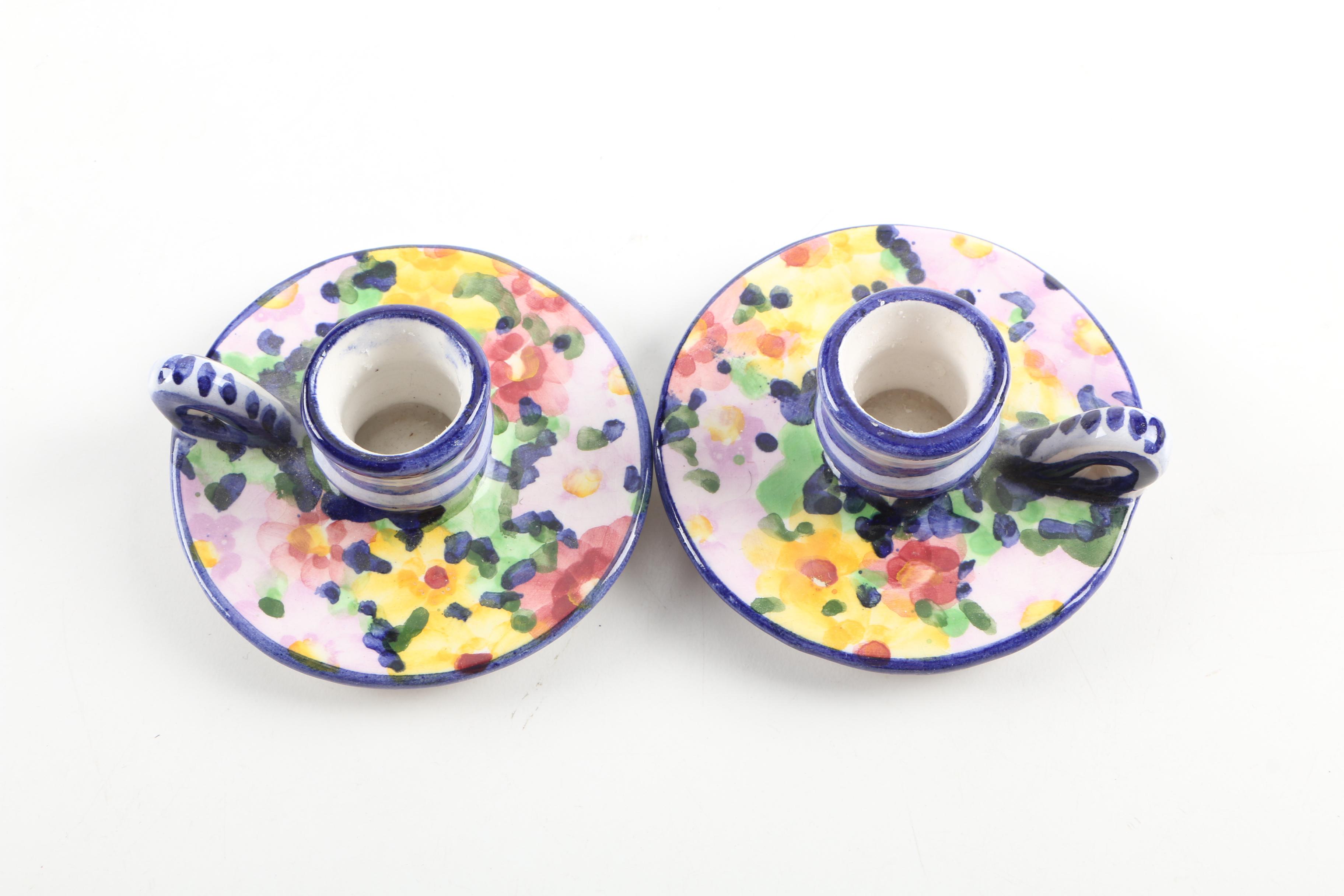 MacKenzie-Childs Ceramic Pitcher, Tea Set, and Portuguese Candle Holders