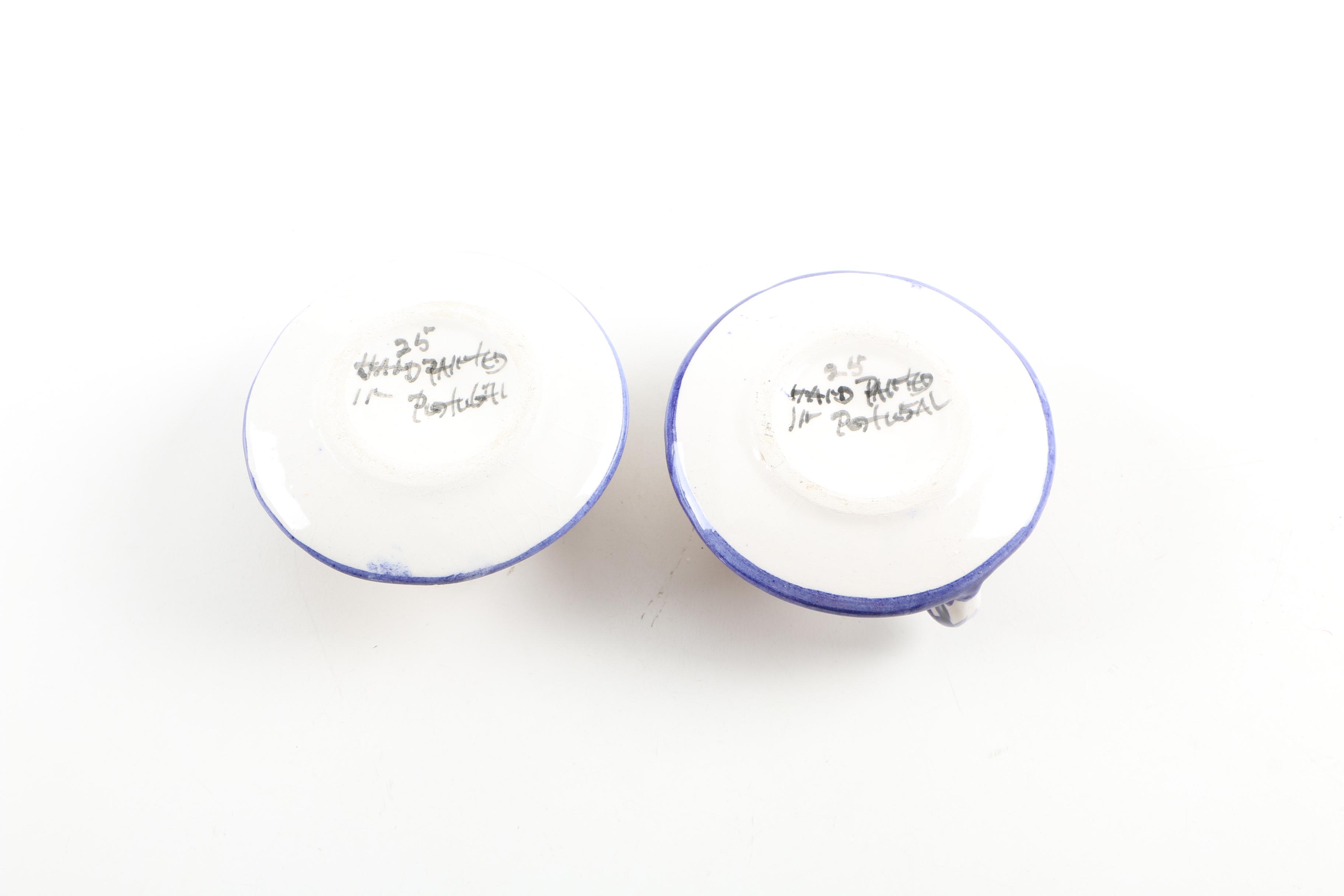 MacKenzie-Childs Ceramic Pitcher, Tea Set, and Portuguese Candle Holders